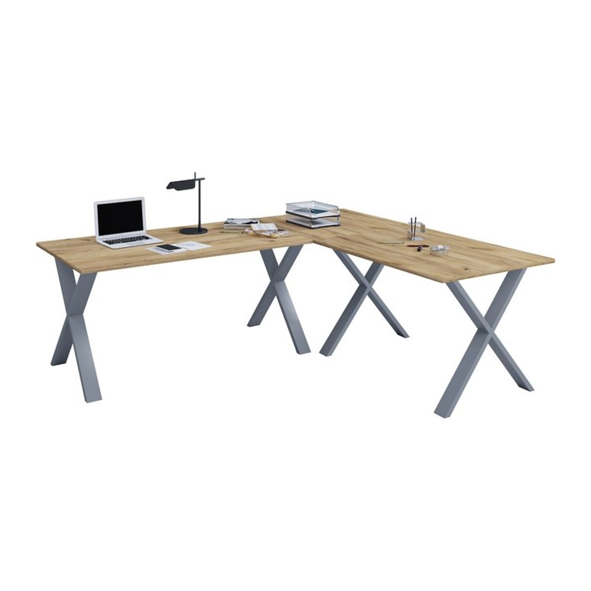 VCM Eckschreibtisch Lona X in Braun mit Silber, L-Form Arbeitstisch, B/T/H: 130 x 50 x 76 cm - Bild 1