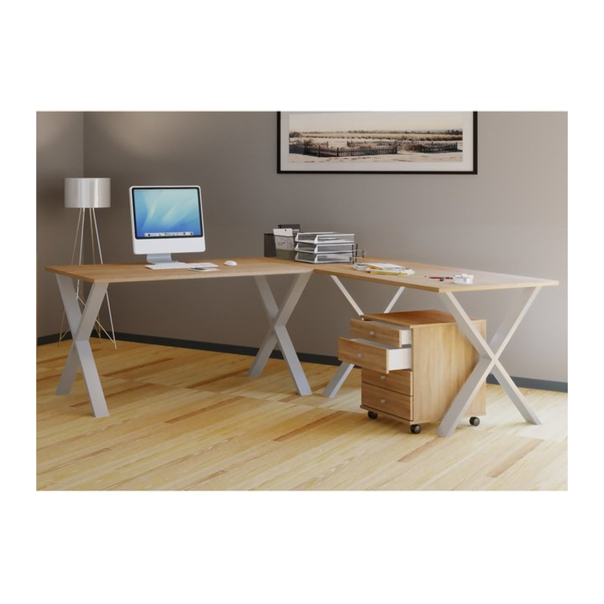 VCM Eckschreibtisch Lona X in Braun und Silber, L-Form Arbeitstisch aus Holz und Metall, B/T/H: 190 x 50 x 76 cm - Bild 1