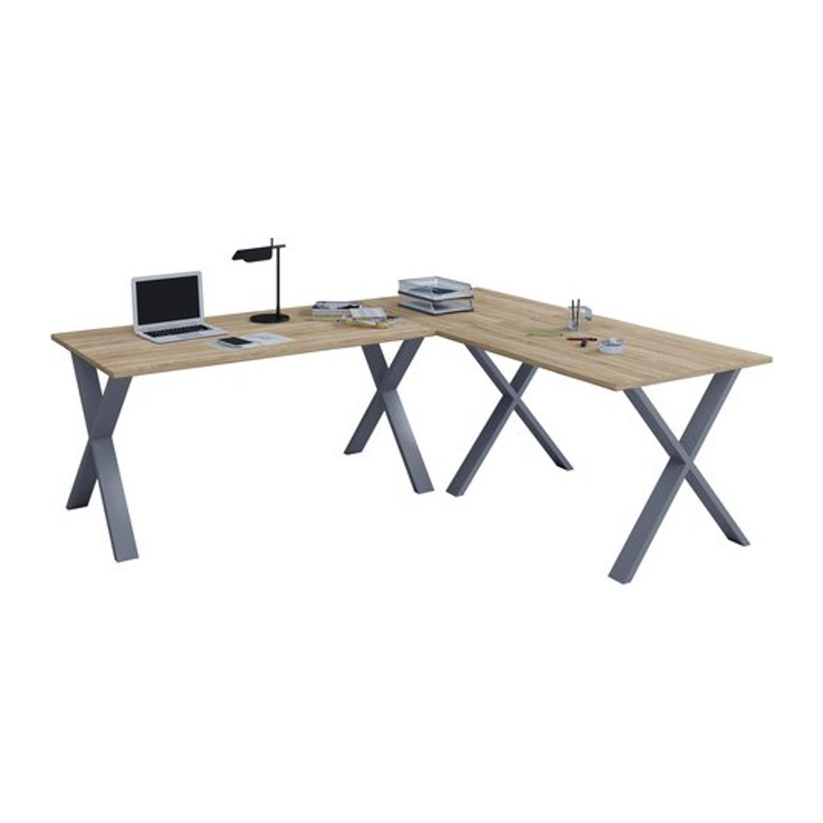 VCM Eckschreibtisch Lona X in Braun und Silber, L-Form Arbeitstisch aus Holz und Metall, B/T/H: 190 x 50 x 76 cm - Bild 2
