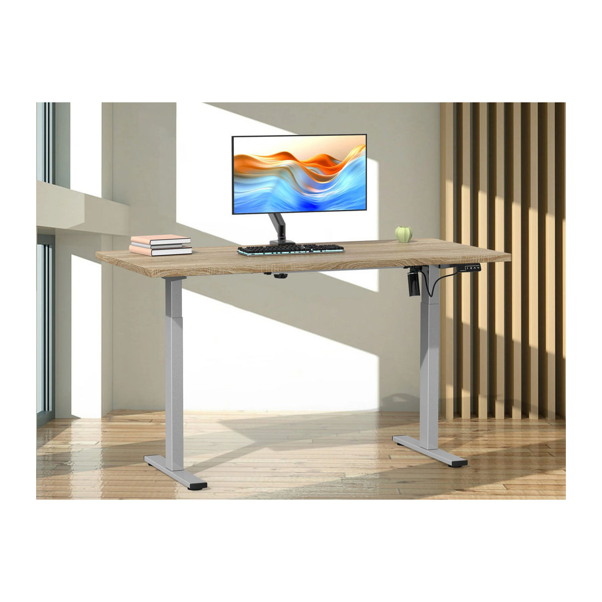 VCM Elektrisch Höhenverstellbarer Schreibtisch Lona, Sitz-Steh-Schreibtisch mit Stahlgestell, Braun/Silber, B: 140 cm, T: 50 cm - Bild 2