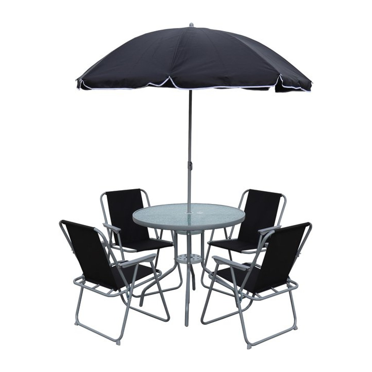 VCM Gartenmöbel-Set Maxola, 6-teilige Gartensitzgruppe in Schwarz mit Glastisch Ø 75 cm und 4 Stühlen aus Metall und Textilene - Bild 1