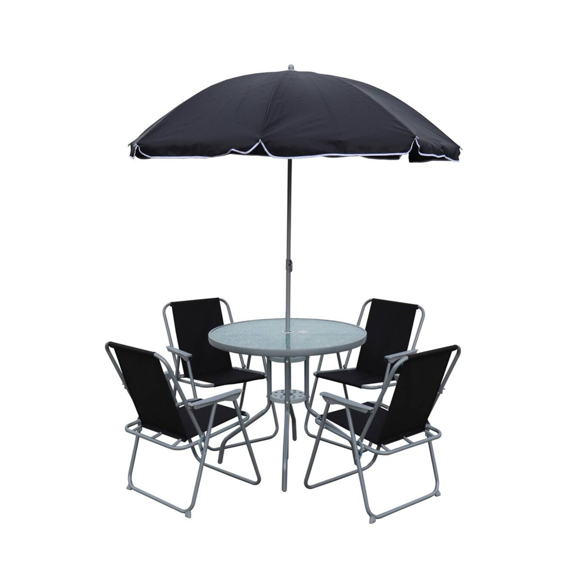 VCM Gartenmöbel-Set Maxola, 6-teilige Gartensitzgruppe in Schwarz mit Glastisch Ø 75 cm und 4 Stühlen aus Metall und Textilene - Bild 2