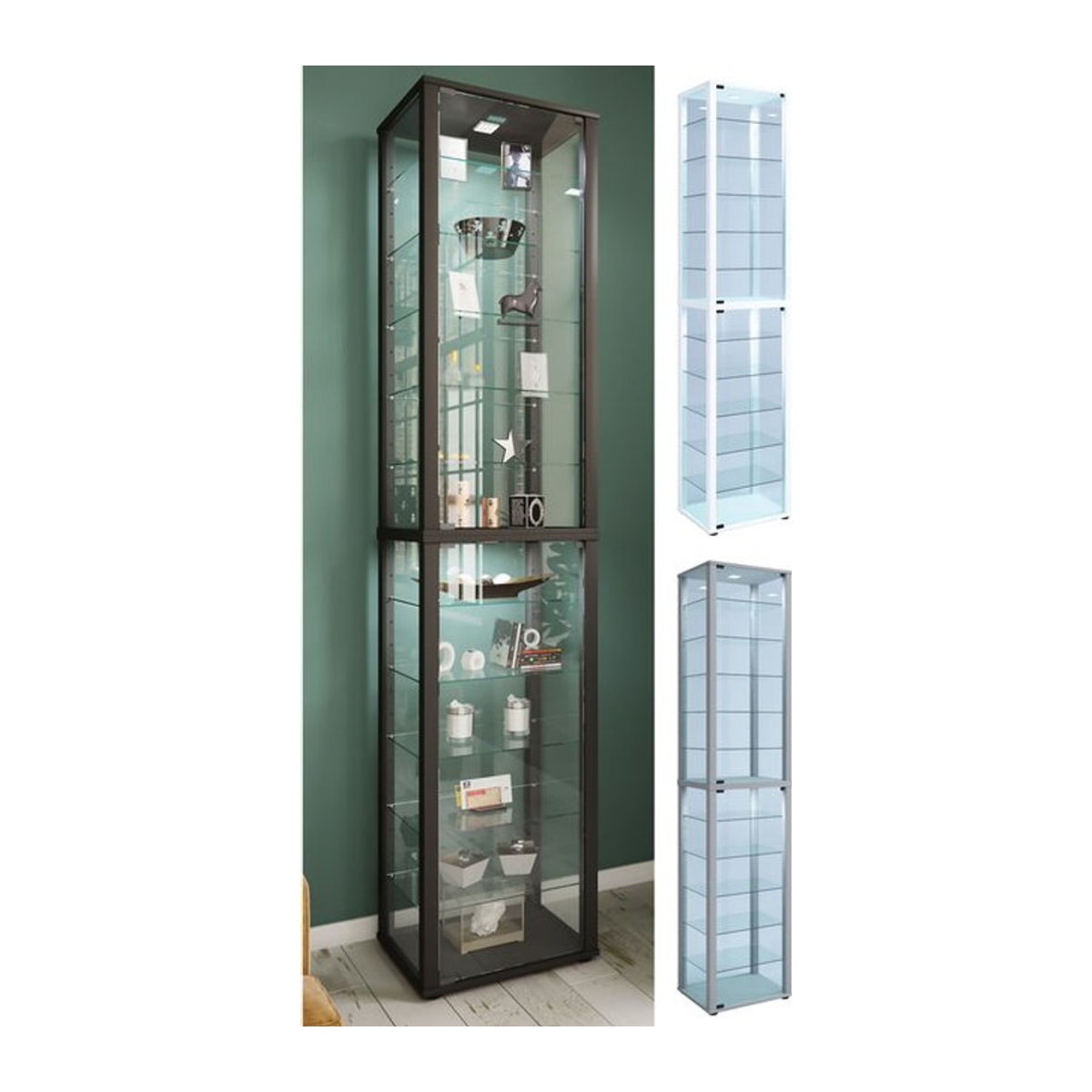 VCM Glasvitrine Kavisa XXL aus Holz und Glas in Schwarz, freistehend, H x B x T: 227 x 50 x 38 cm - Bild 1