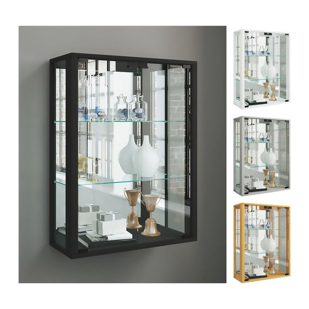 VCM Hängevitrine Udina Spiegel in Schwarz aus Glas und Holzwerkstoff mit ESG-Sicherheitsglas, H x B x T: 80 x 60 x 25 cm - Bild 1