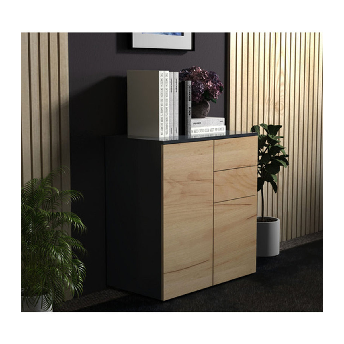 VCM Kommode Dalosa Modern mit 4 Fächern und 2 Schubladen, Holz, Anthrazit/Honig-Eiche, B/T/H: 70 x 39 x 77 cm - Bild 2