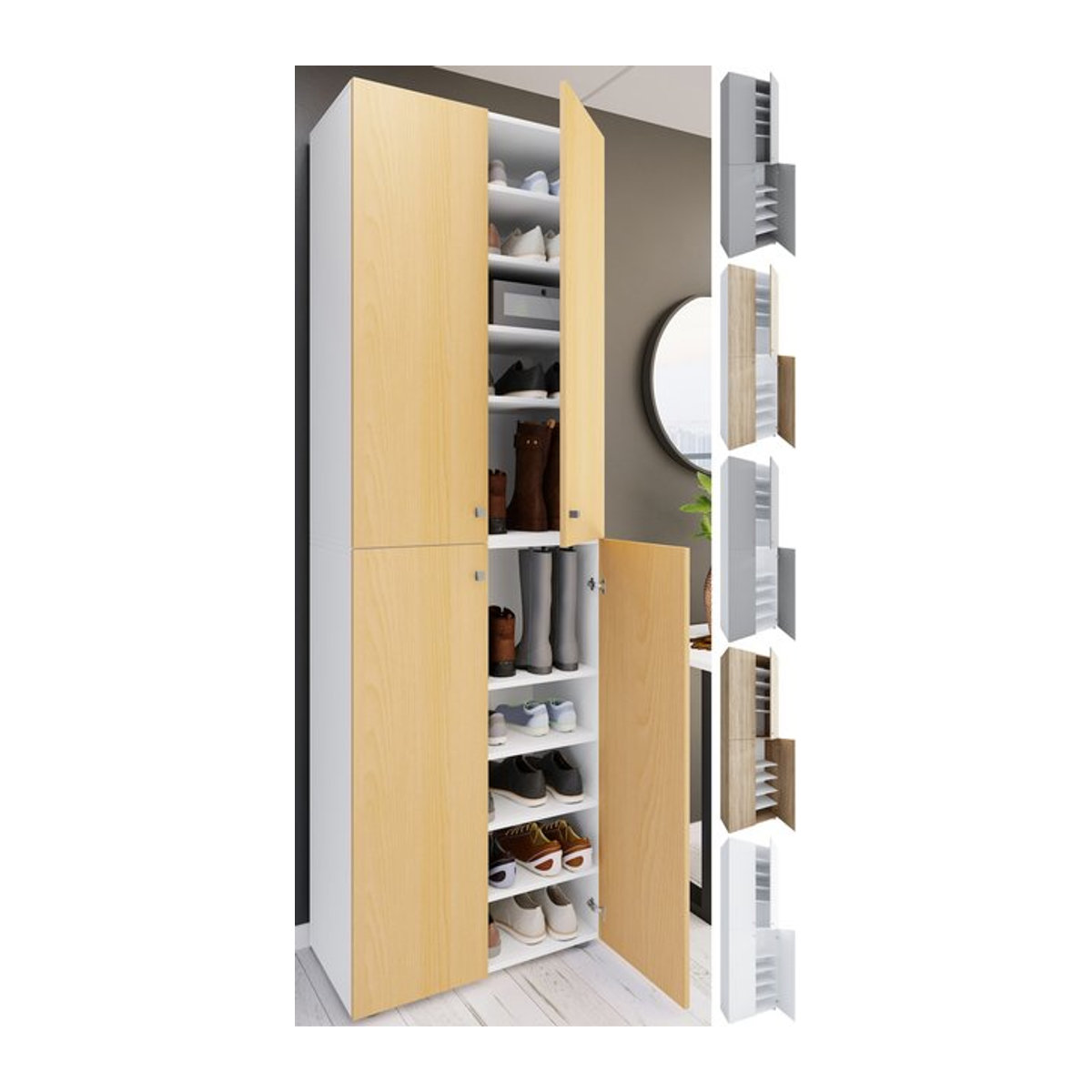 VCM Lona Schuhschrank aus Holz mit 10 Fächern und Drehtüren, Eiche Natur/Weiß, H: 220 cm, B: 70 cm, T: 40 cm - Bild 1