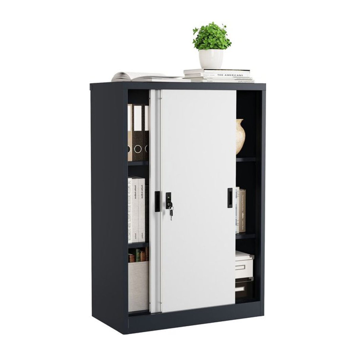 VCM Malivo Aktenschrank aus Metall mit Schwebetüren, abschließbarer Stahlschrank für Ordner, Schwarz/Weiß, H x B x T: 120 x 80 x 40 cm - Bild 1