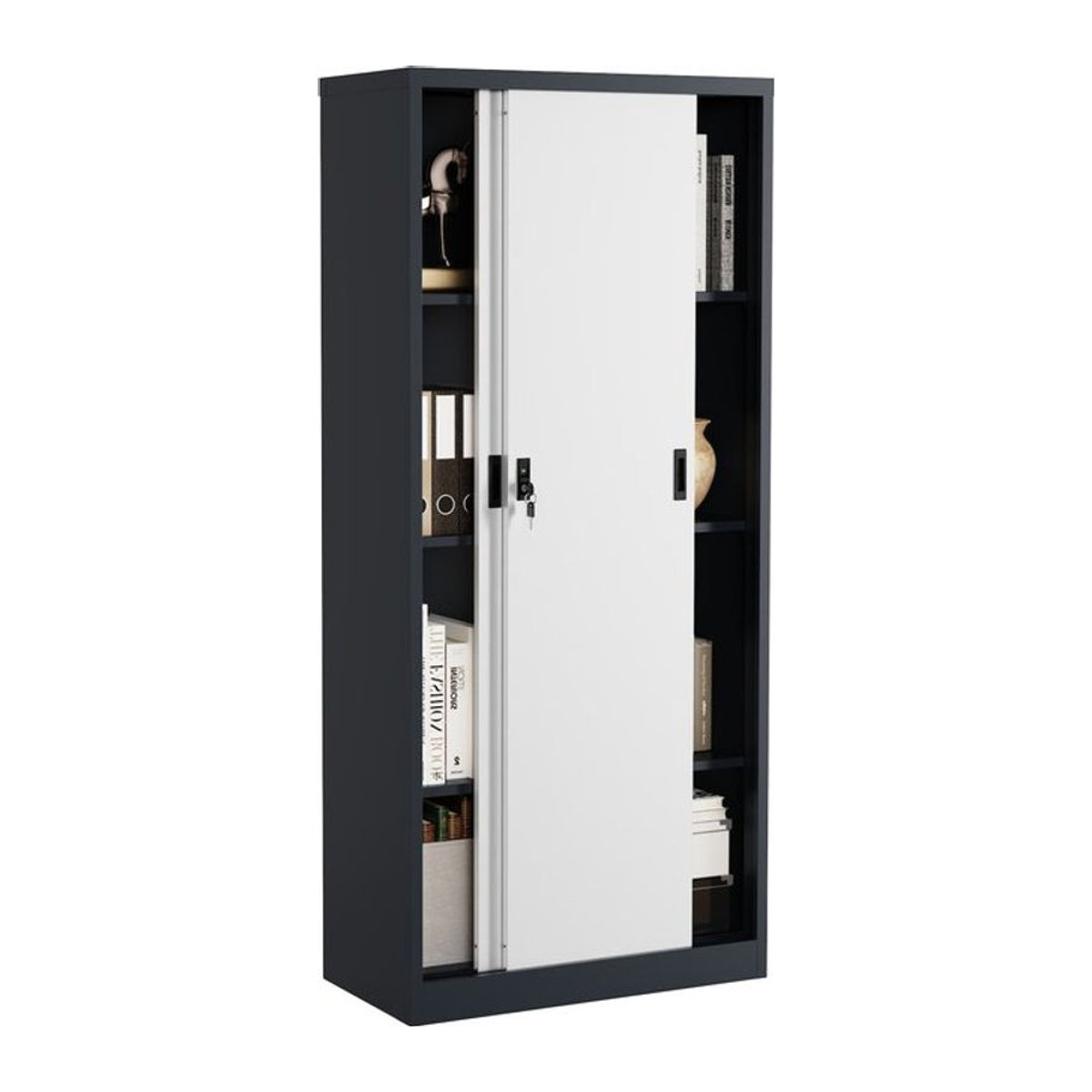 VCM Malivo Aktenschrank aus Metall mit Schwebetüren, abschließbarer Stahlschrank für Ordner, Schwarz/Weiß, H x B x T: 180 x 80 x 40 cm - Bild 1