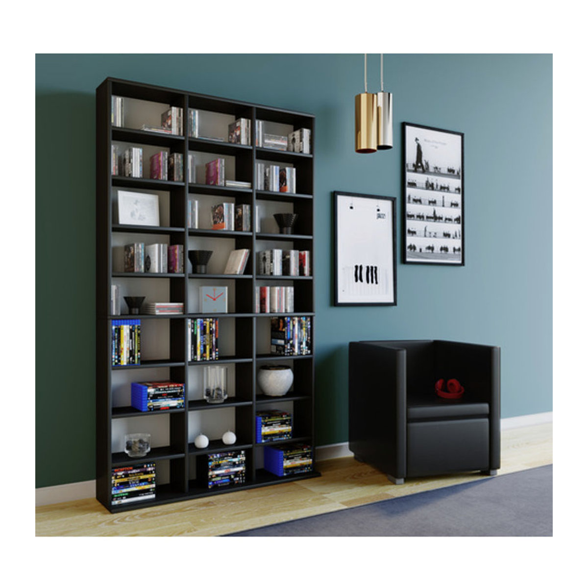 VCM Megosa Maxi Holzregal als CD- und DVD-Schrank, Schwarz, B: 102 cm, H: 181 cm, T: 23 cm - Bild 3