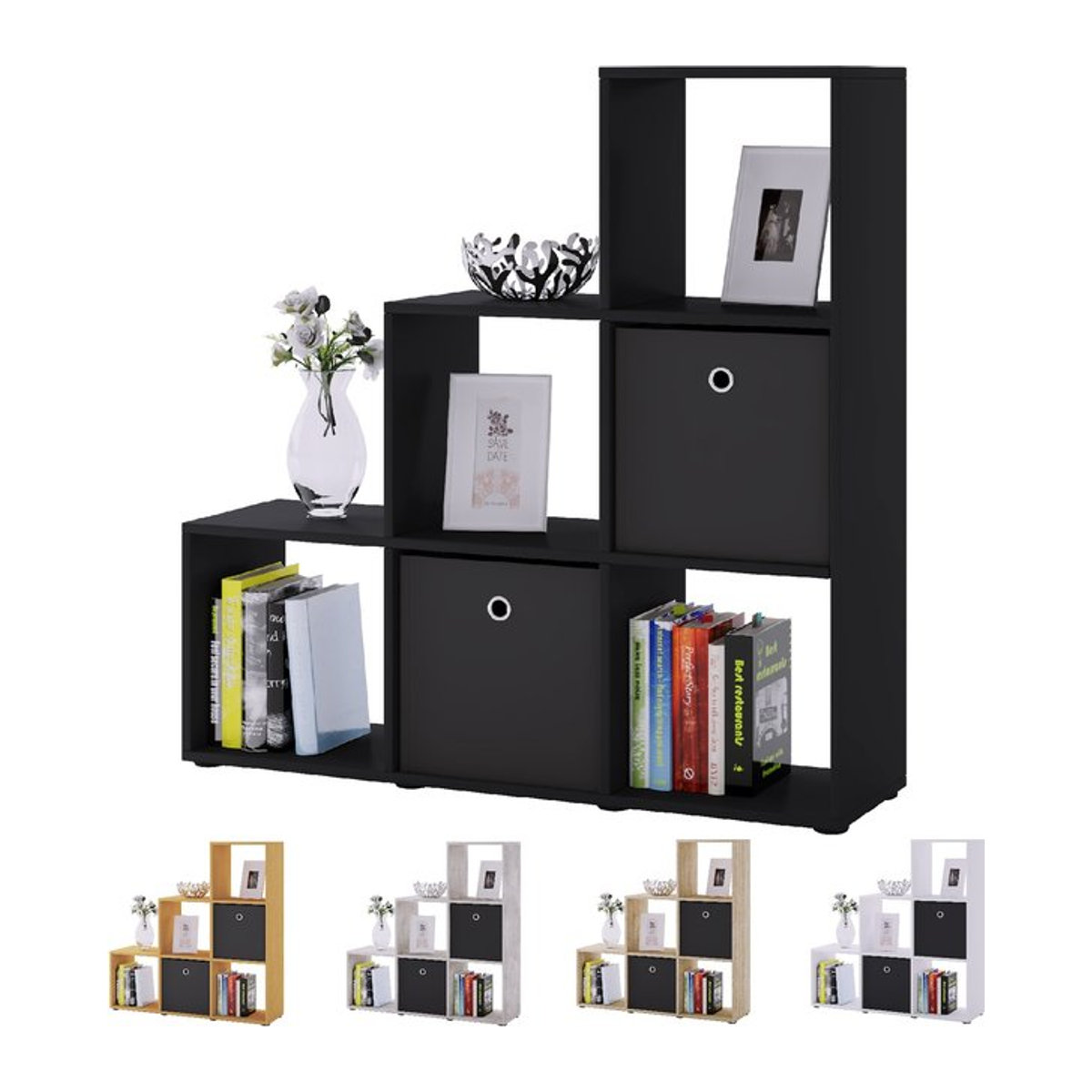 VCM Nitas Holzregal Schwarz Modern als Bücherregal und Raumteiler H x B x T: 105 x 108 x 29 cm - Bild 1