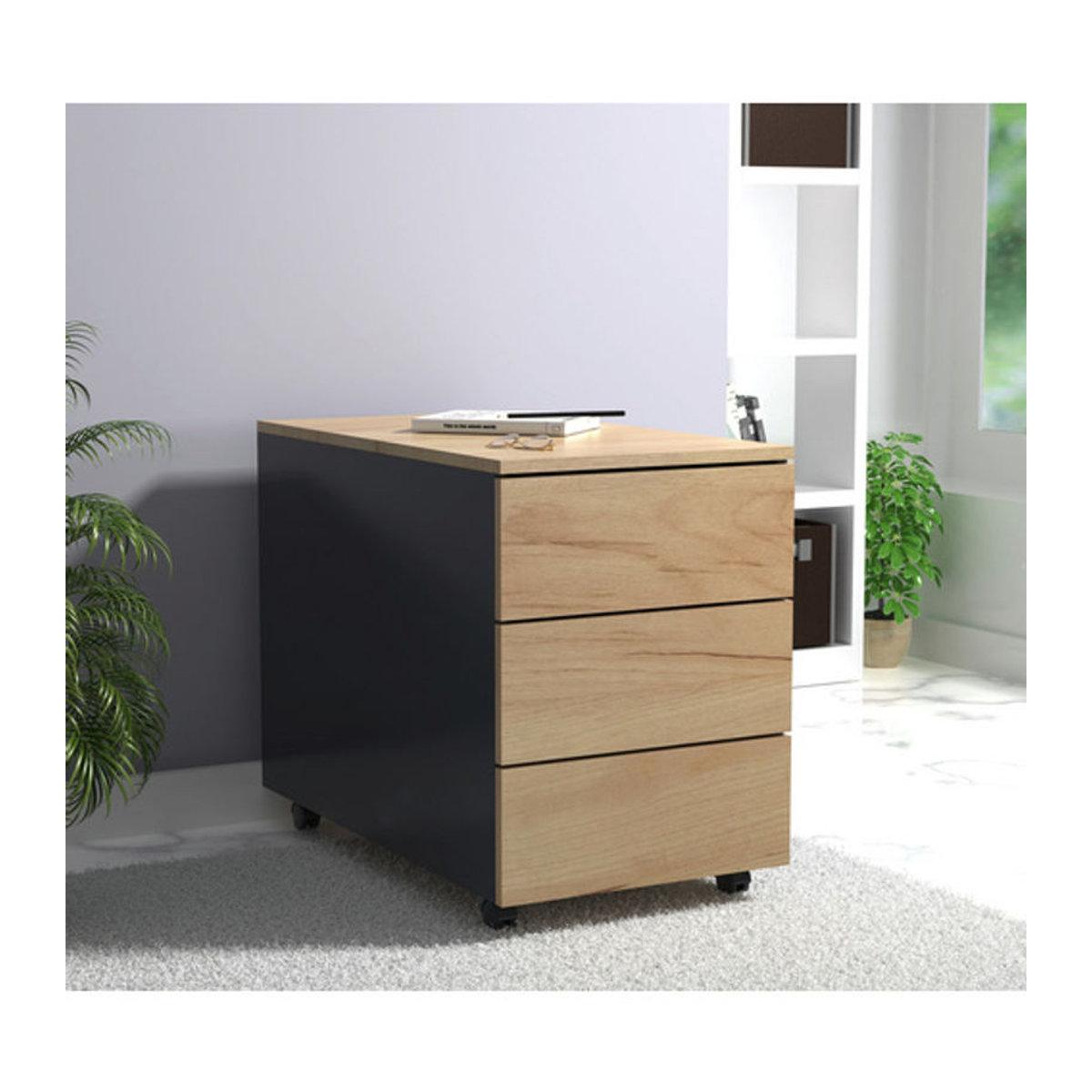 VCM Rollcontainer Dalosa mit 3 Schubladen aus Holz, Anthrazit/Honig-Eiche, B: 39 cm, T: 70 cm, H: 55 cm - Bild 1