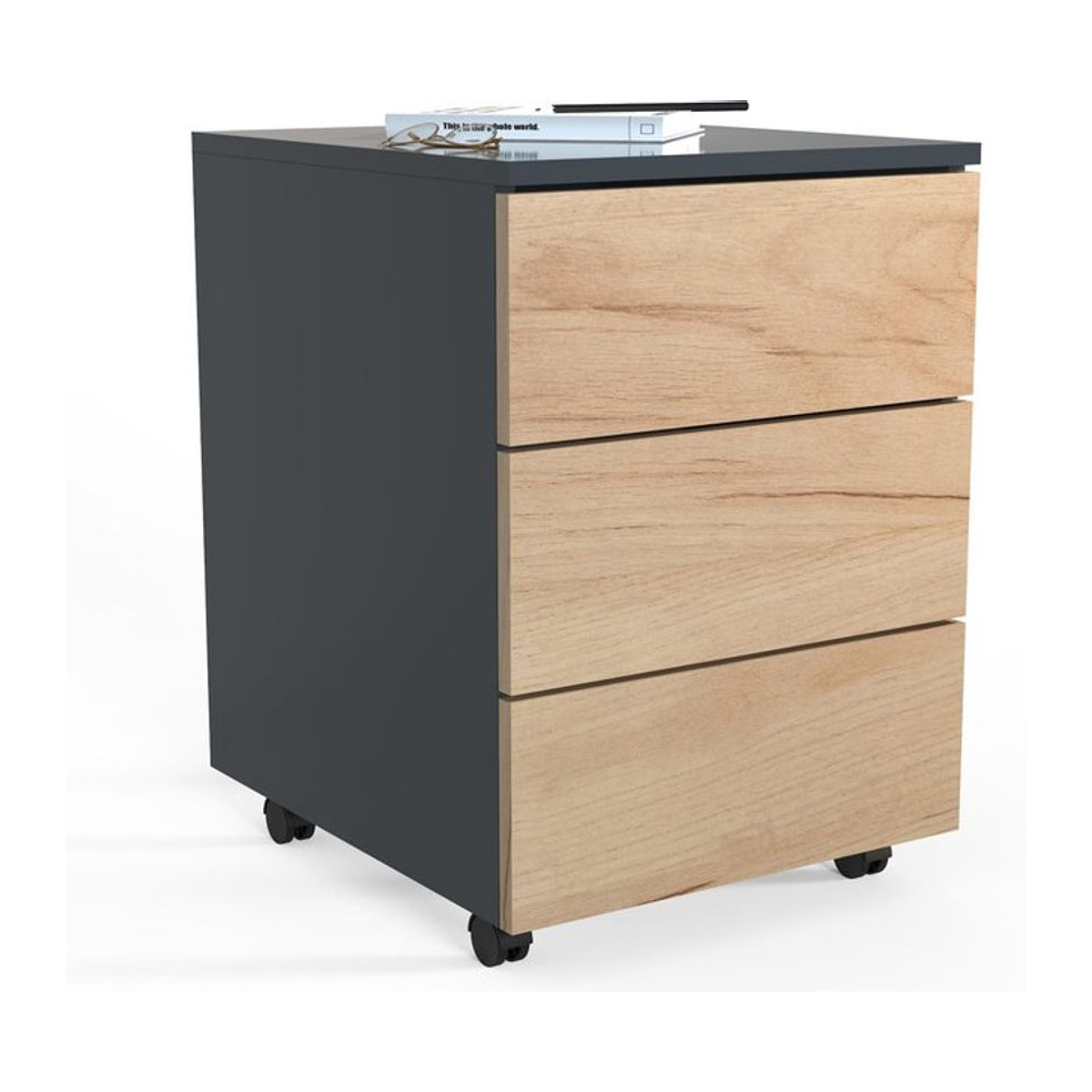 VCM Rollcontainer Dalosa mit 3 Schubladen aus Holz, Anthrazit/Honig-Eiche, B: 39 cm, T: 70 cm, H: 55 cm - Bild 3