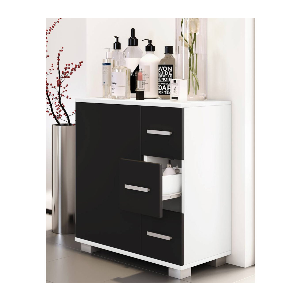 VCM Schrank Zalo in Schwarz/Weiß aus Holzwerkstoff mit Drehtüren, B/H/T: 60 x 65 x 30 cm - Bild 4