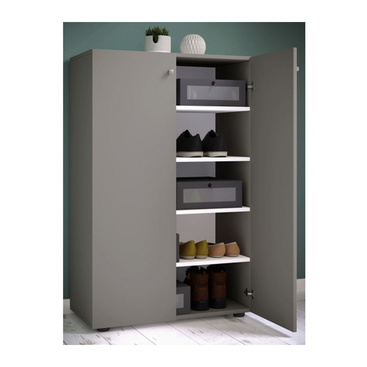 VCM Schuhschrank Lona Modern in Grau und Weiß mit Drehtüren aus Holzwerkstoff und Metall, B/H/T: 70 x 110 x 39 cm - Bild 2