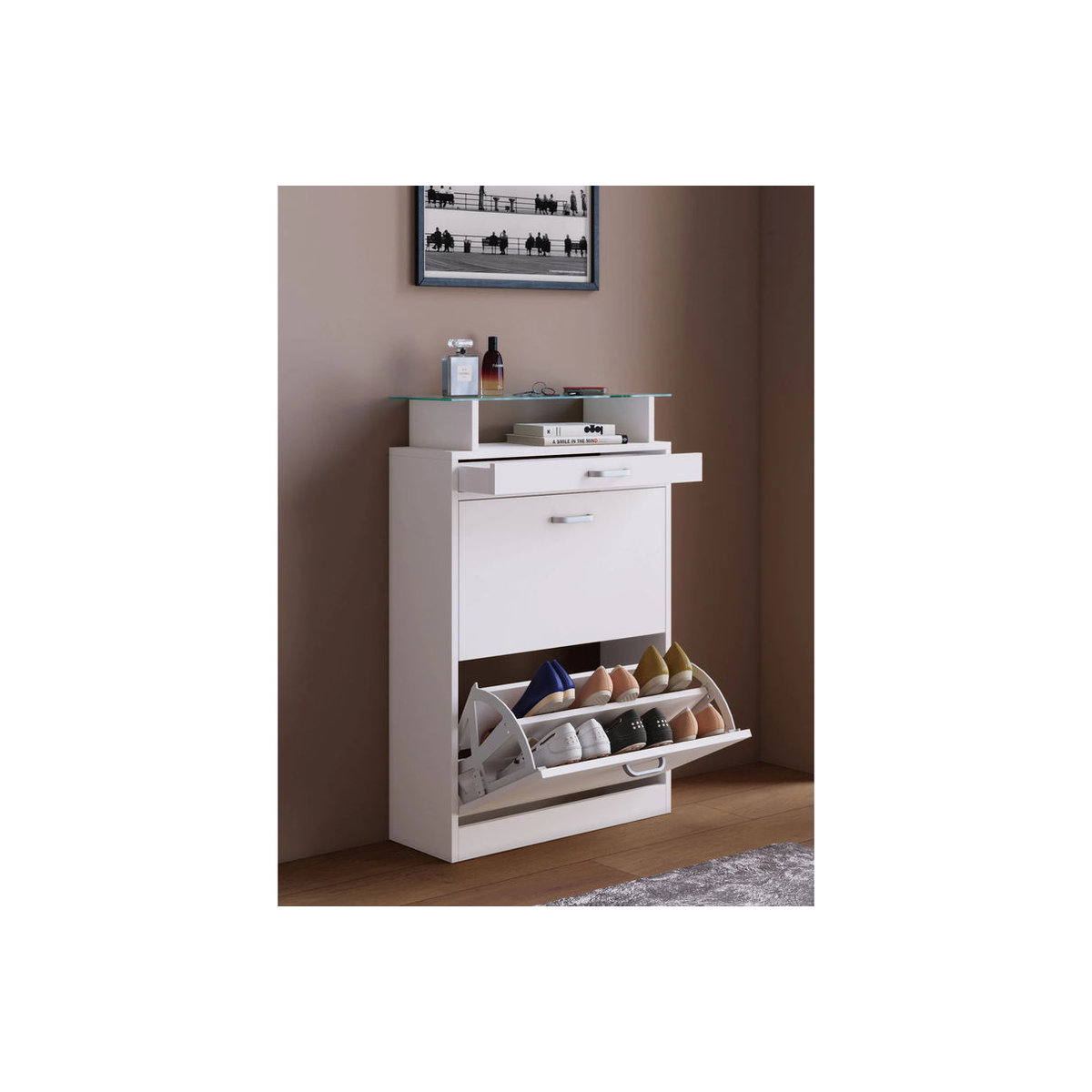 VCM Schuhschrank Sipos in Weiß aus Holzwerkstoff mit Drehtüren, B: 22 cm, H: 91 cm, T: 59 cm - Bild 2