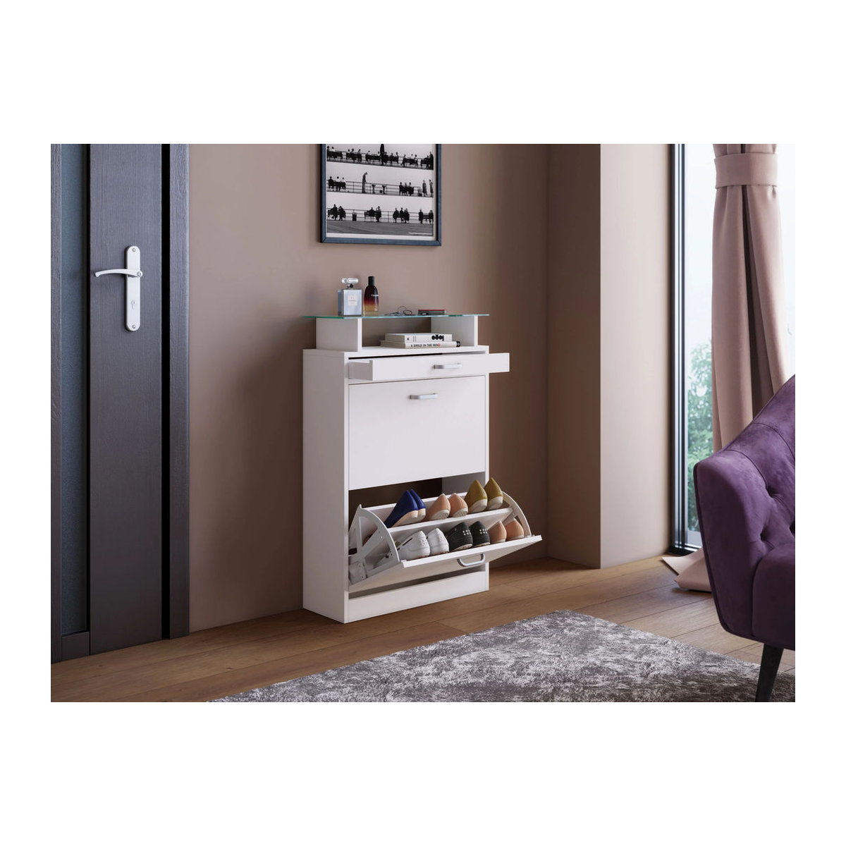 VCM Schuhschrank Sipos in Weiß aus Holzwerkstoff mit Drehtüren, B: 22 cm, H: 91 cm, T: 59 cm - Bild 3