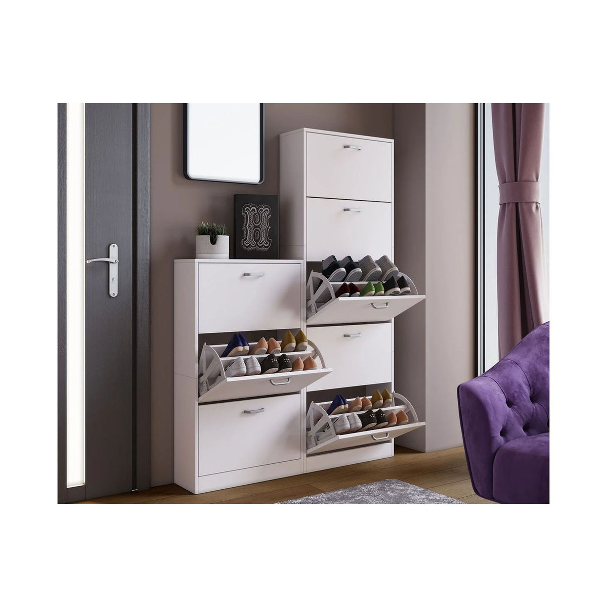 VCM Schuhschrank Sipos in Weiß mit Drehtüren aus Holzwerkstoff und Metall im minimalistischen Design (H: 170 cm, B: 59 cm, T: 22 cm) - Bild 2