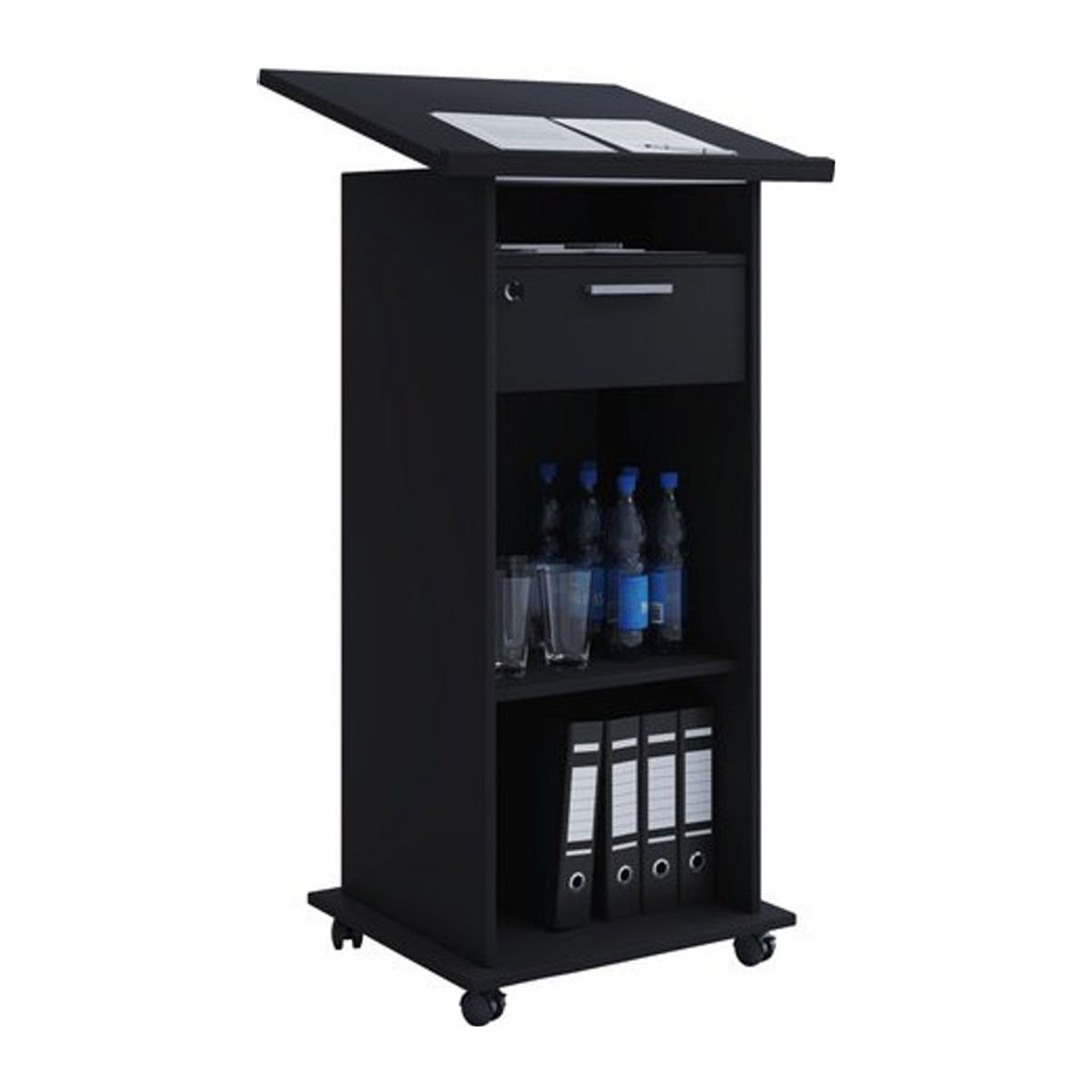 VCM Stehpult Melta, höhenverstellbar und neigbar, mobil mit 3 offenen Fächern und 1 abschließbarem Schub, Holz, Schwarz, B: 60 cm, T: 50 cm, H: 109-120 cm - Bild 1