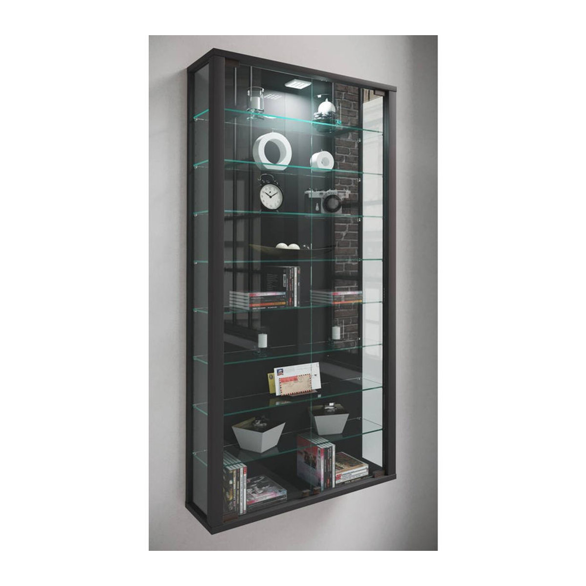 VCM Wandvitrine Vitrosa Maxi in Schwarz mit LED-Beleuchtung aus Glas und Holzwerkstoff, B/T/H: 59 x 18 x 114 cm - Bild 3