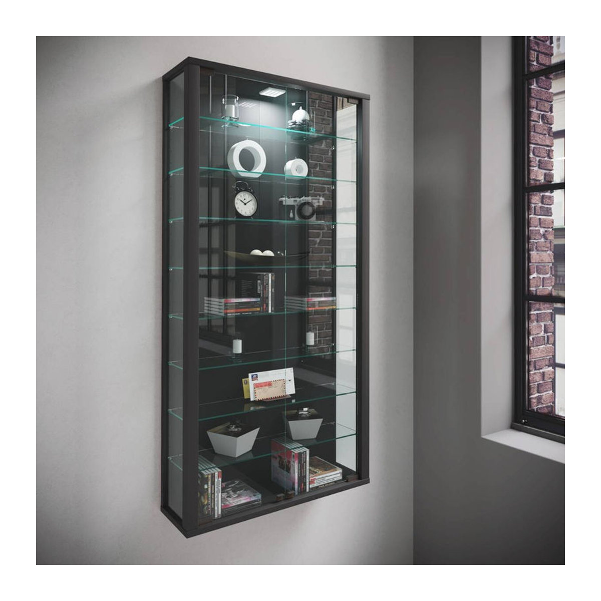 VCM Wandvitrine Vitrosa Maxi in Schwarz mit LED-Beleuchtung aus Glas und Holzwerkstoff, B/T/H: 59 x 18 x 114 cm - Bild 4