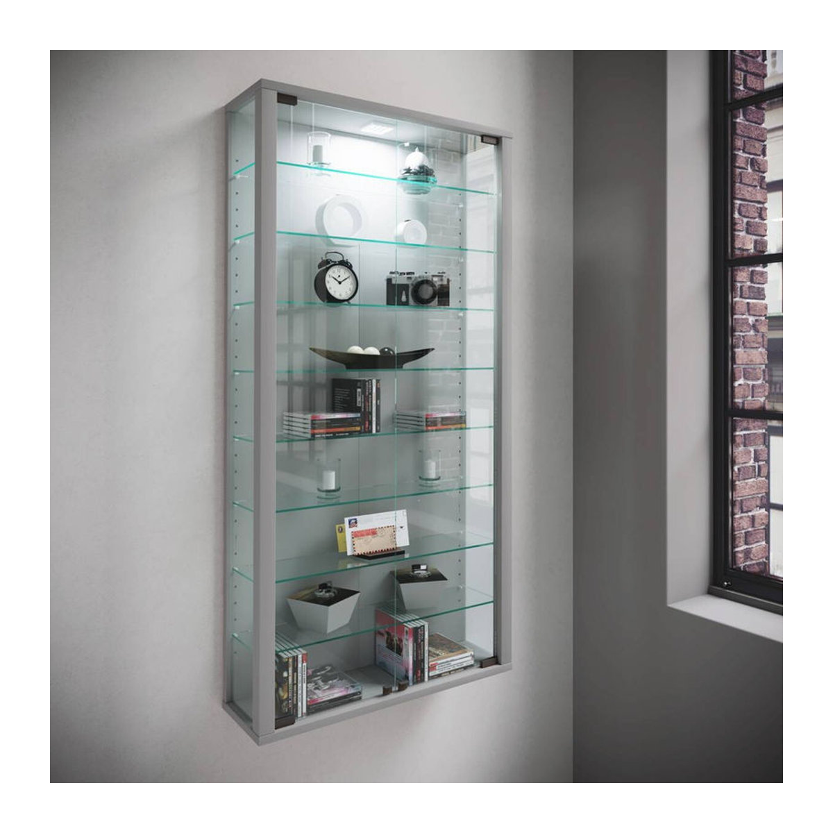 VCM Wandvitrine Vitrosa Maxi in Silber mit LED-Beleuchtung aus Glas und Holzwerkstoff, B/T/H: 59 x 18 x 118 cm - Bild 4