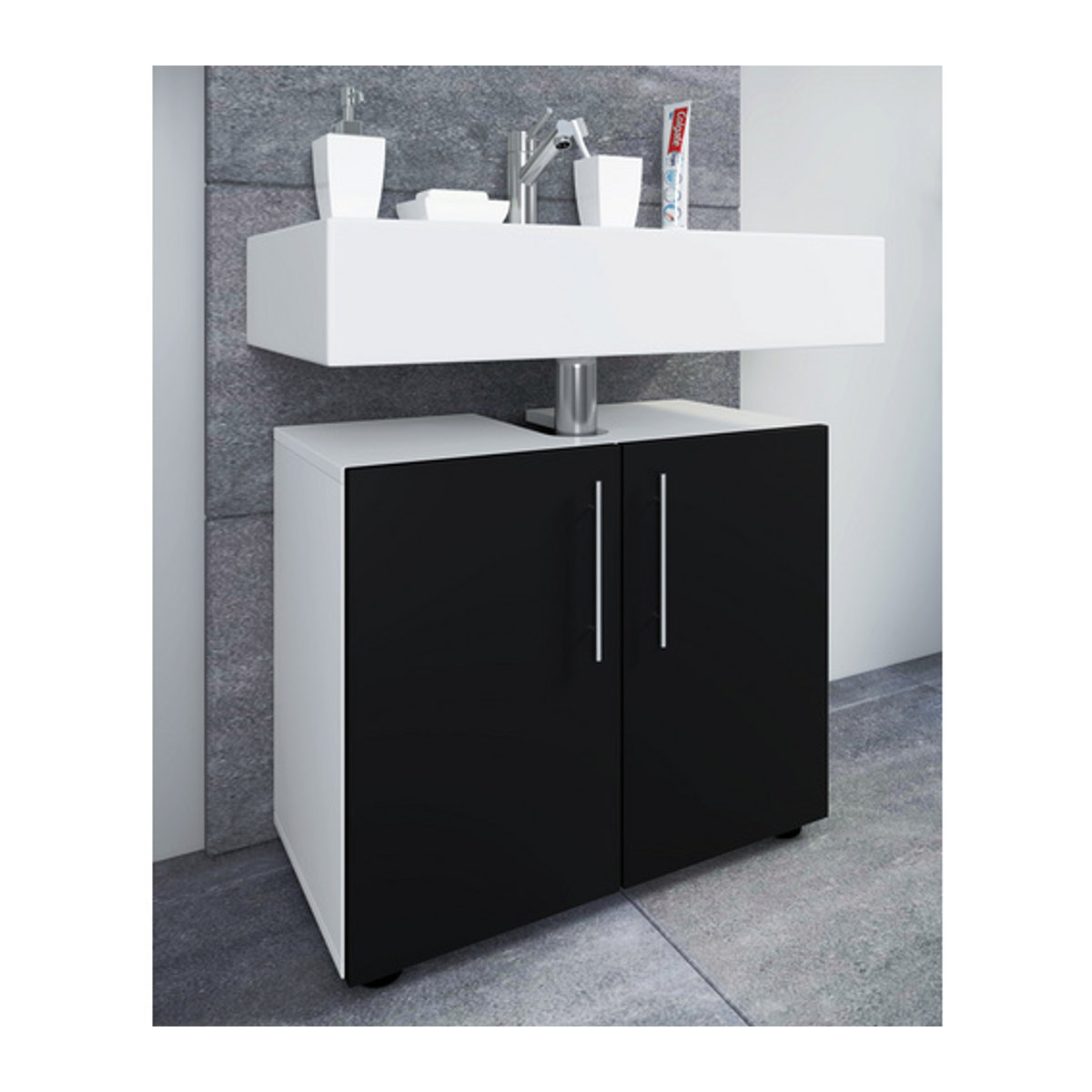 VCM Waschbeckenunterschrank Flandu in Schwarz/Weiß aus Holzwerkstoff mit Drehtüren, B/H/T: 60 x 51 x 30 cm - Bild 3