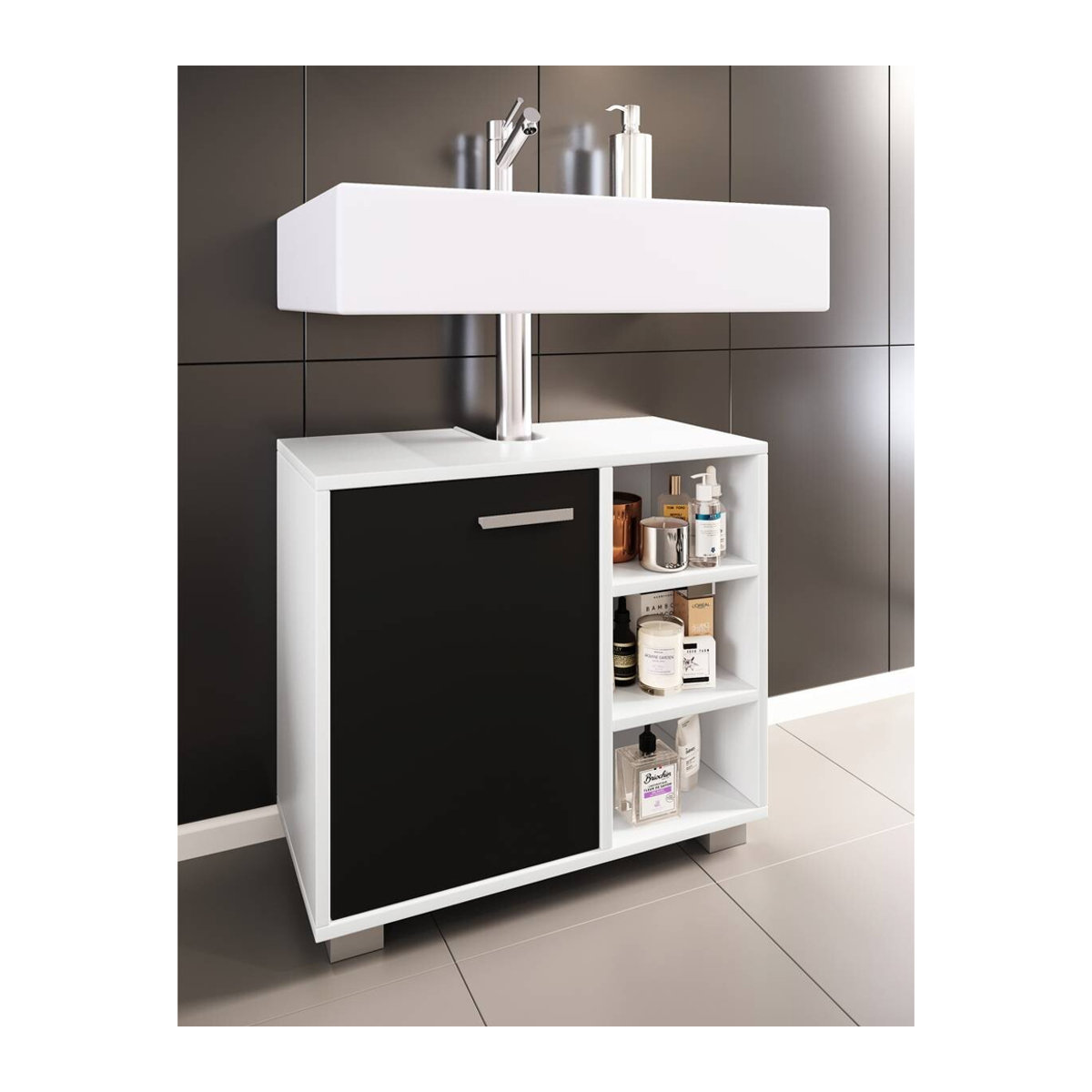 VCM Waschbeckenunterschrank Zalo aus Holzwerkstoff mit Drehtüren, Schwarz/Weiß, B/H/T: 60 x 54,8 x 30 cm - Bild 4