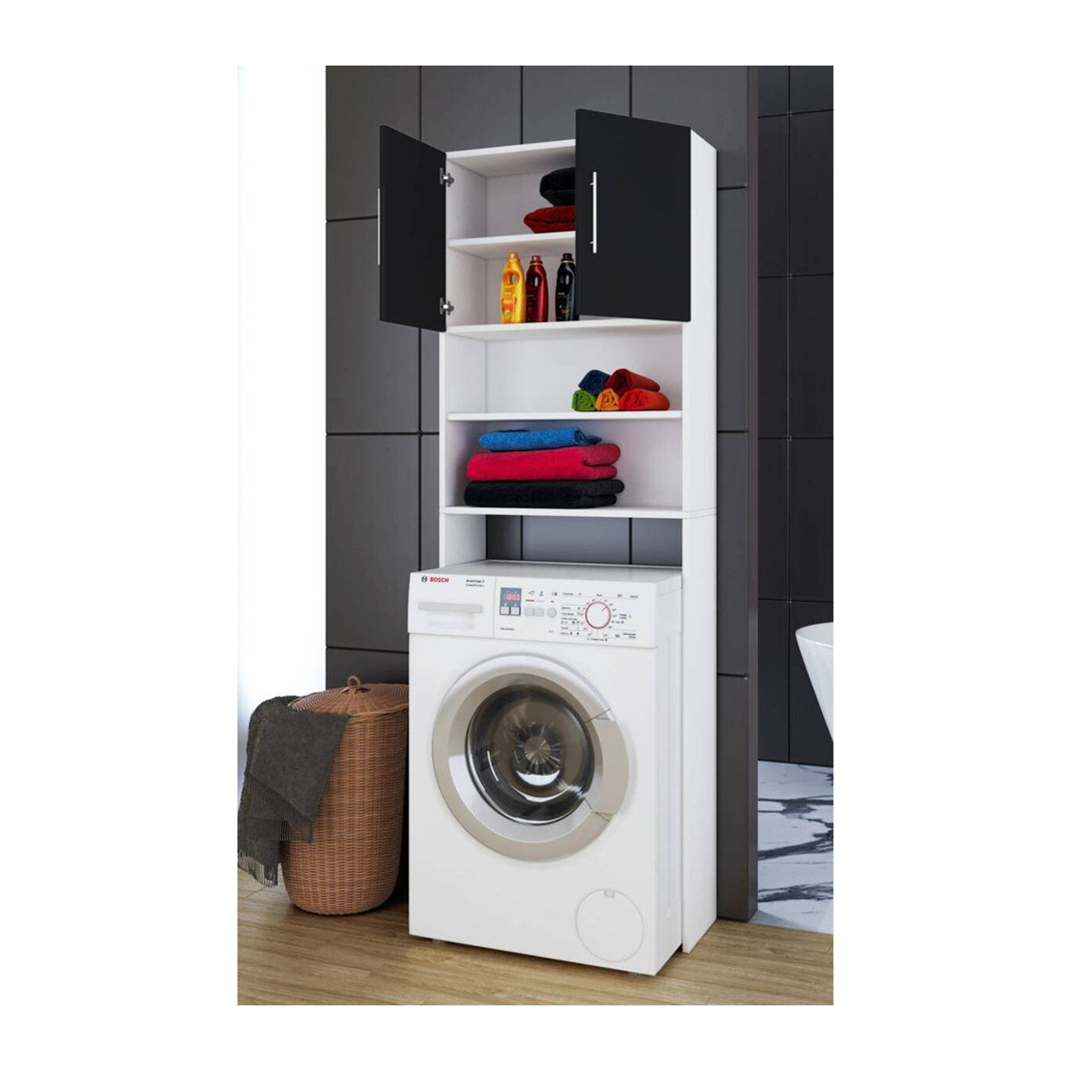VCM Waschmaschinenschrank Jutas Überbauschrank für Bad und Waschküche Weiß Schwarz B/H/T: 64 x 190 x 25 cm - Bild 4