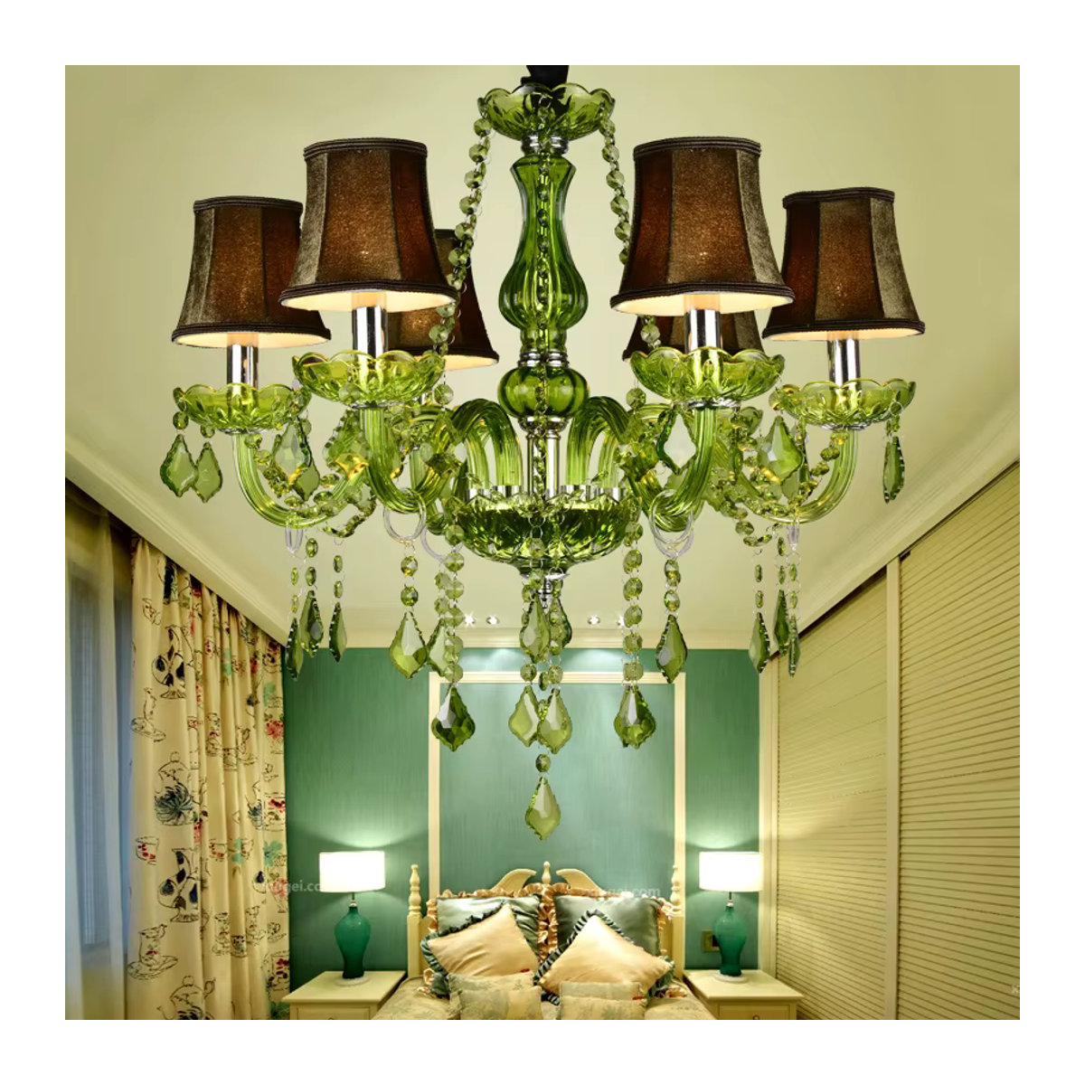 Vecli Luxus Kristall Kronleuchter in Grün mit Glas-Elementen und E14 Fassung für Wohnzimmer, Hotel und Restaurant - Bild 3