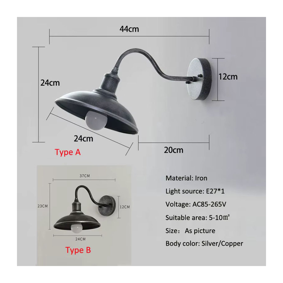 Vecli Wandleuchte im Industrial Retro Design aus Metall, Schwarz, Wasserdichte Außen- und Innenlampe - Bild 4