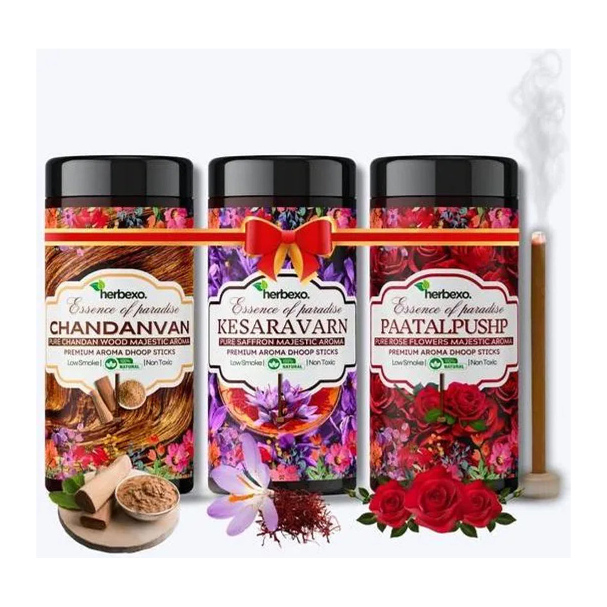 Vedic Spices Räucherstäbchen Trio Set aus Safran, Rose und Sandelholz, 100% natürliche Dhoop Stäbchen mit Bambus, mehrfarbig - Bild 1