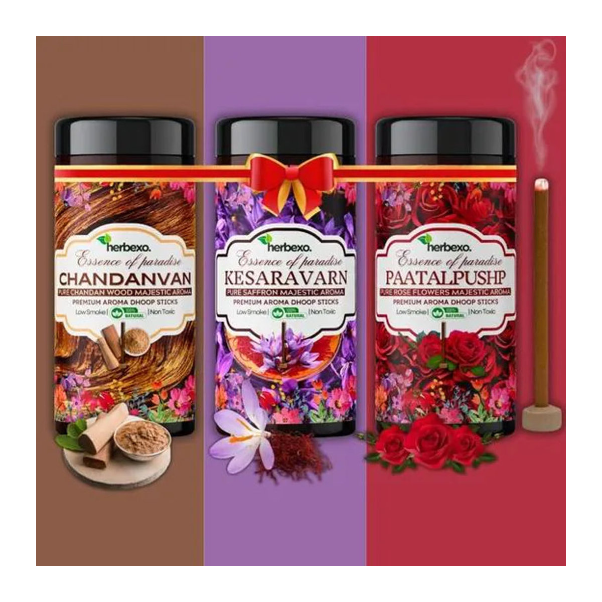 Vedic Spices Räucherstäbchen Trio Set aus Safran, Rose und Sandelholz, 100% natürliche Dhoop Stäbchen mit Bambus, mehrfarbig - Bild 2