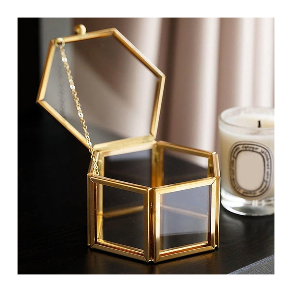 Velishy Schmuckaufbewahrungsbox aus Glas in Gold, Sechseckige Retro Ringbox mit geometrischem Design - Bild 1