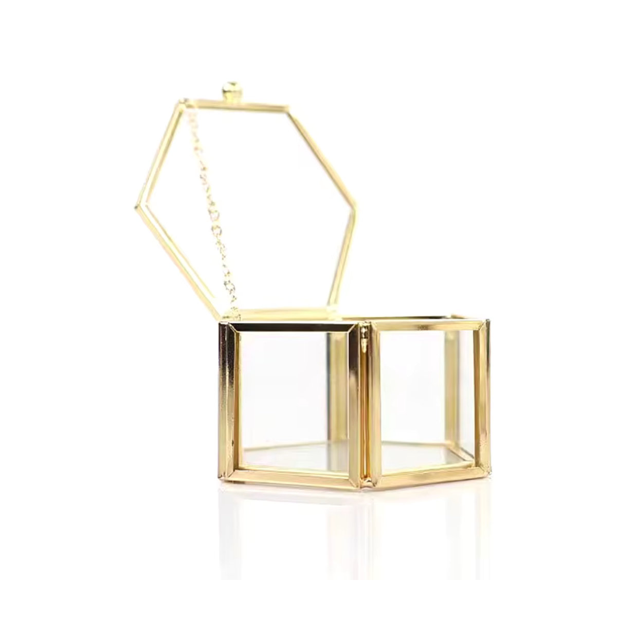Velishy Schmuckaufbewahrungsbox aus Glas in Gold, Sechseckige Retro Ringbox mit geometrischem Design - Bild 2
