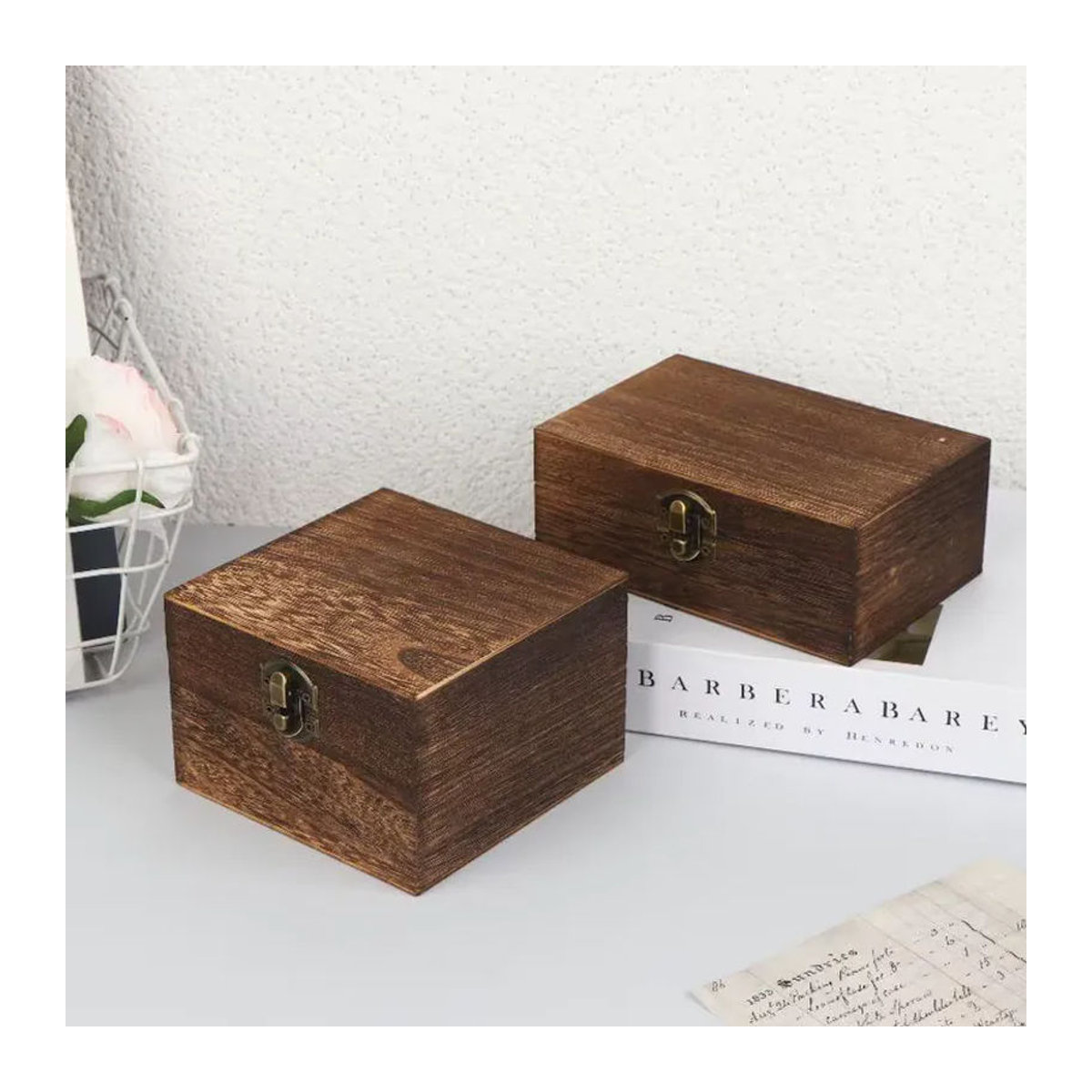 Velishy Vintage Holzkiste mit Deckel und Scharnier, quadratische Aufbewahrungsbox aus Holz in Braun für Schmuck und Bastelarbeiten - Bild 3
