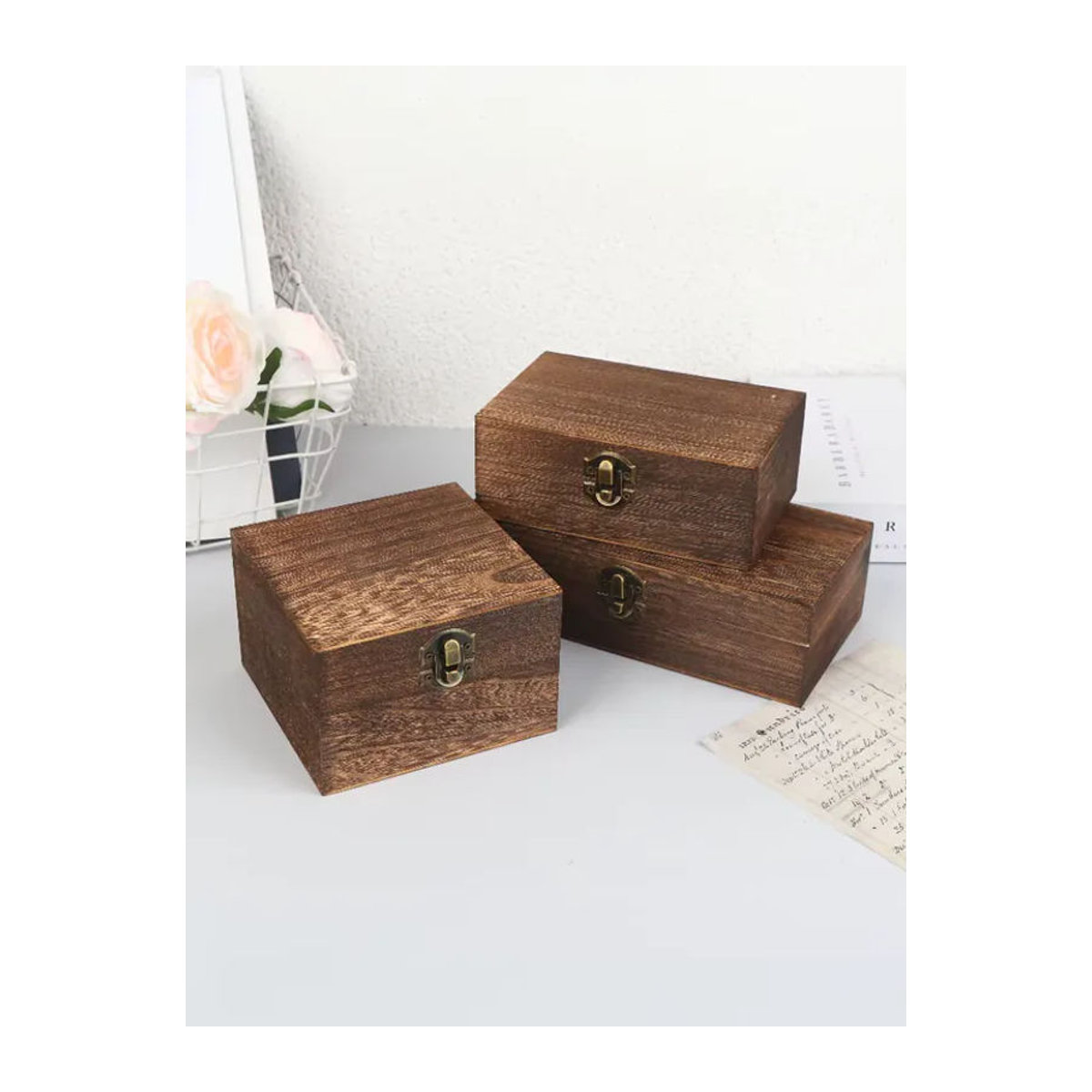 Velishy Vintage Holzkiste mit Deckel und Scharnier, quadratische Aufbewahrungsbox aus Holz in Braun für Schmuck und Bastelarbeiten - Bild 7