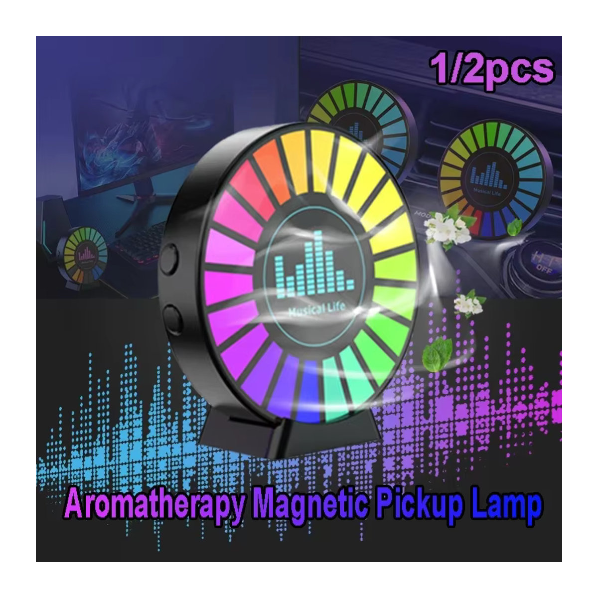 VENUSWING Aromatherapie-Magnet-Luftfrischer mit RGB-Beleuchtung und bunter Umgebungsluft, rund und wiederaufladbar für Auto oder Zimmer - Bild 2