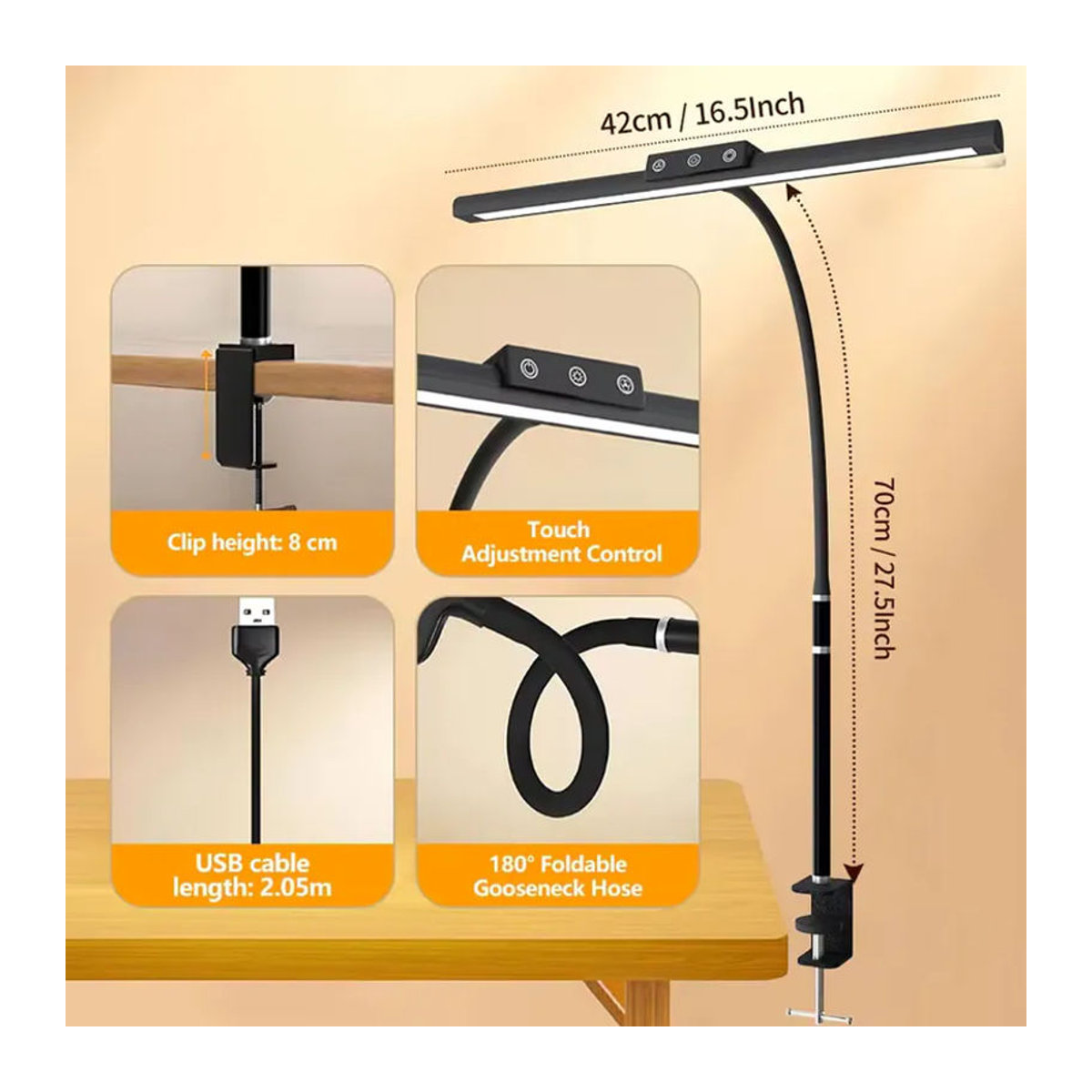 VENUSWING Dimmbare LED-Schreibtischlampe mit flexiblem Schwanenhals und Clip-on Funktion in Schwarz - Bild 5