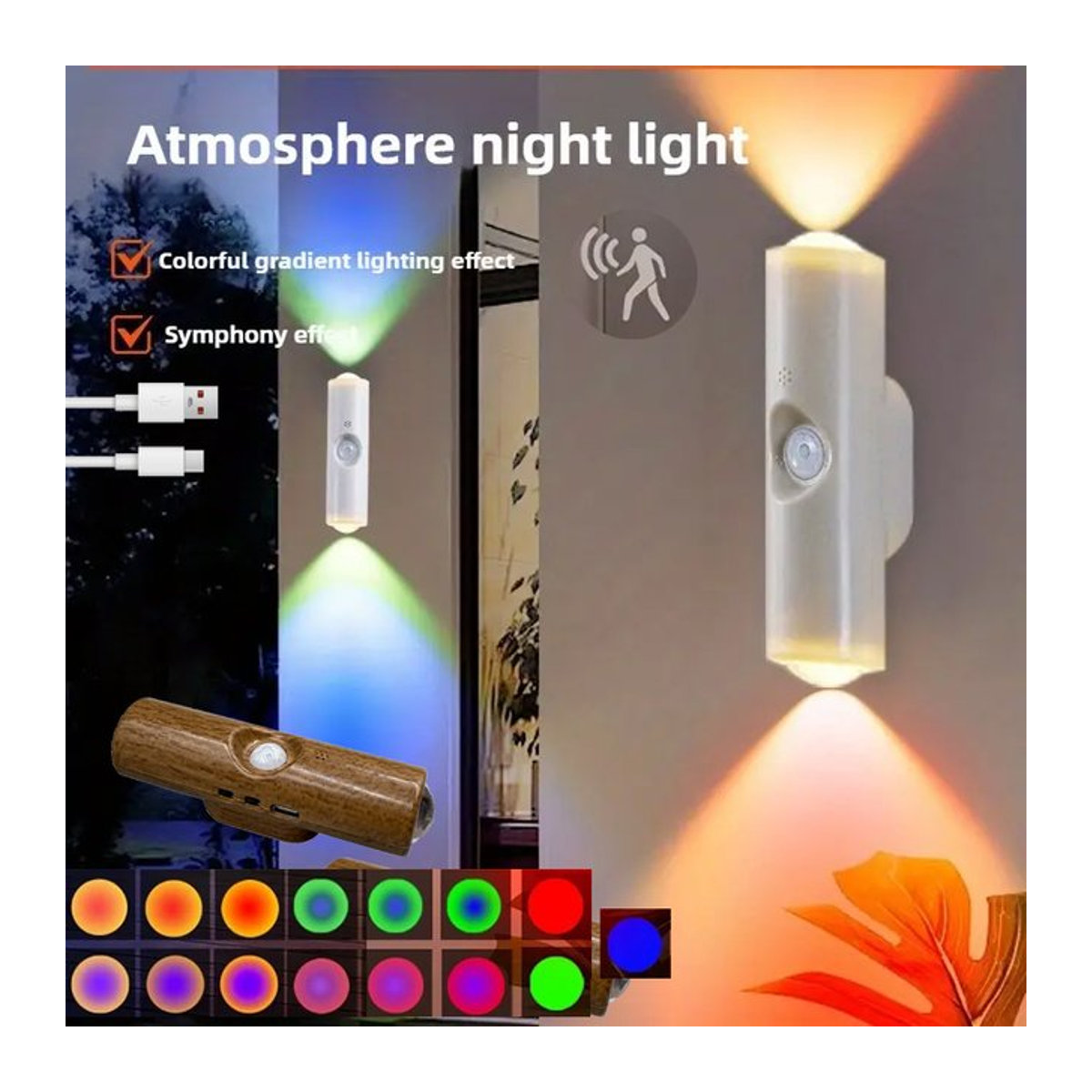 VENUSWING LED Nachtlicht Doppelkopf Sonnenuntergang Wandleuchte mit Bewegungsmelder, RGB Umgebungslicht, magnetisch und USB wiederaufladbar, Farben: Bunt und Weiß - Bild 1