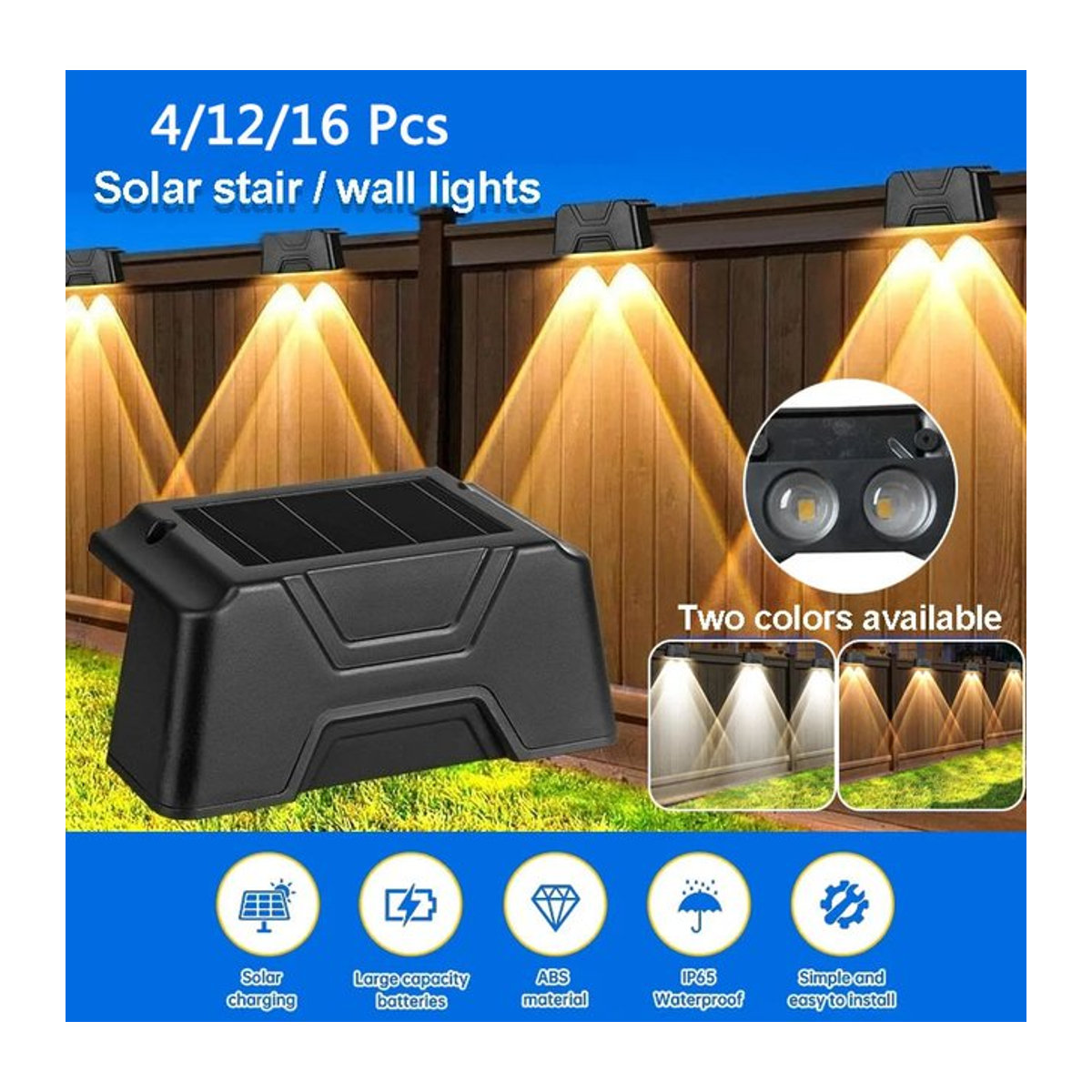 VENUSWING Solar-LED-Außenleuchten in Schwarz, wasserdichte IP65 Gartenlampen aus Kunststoff für Wand, Treppe und Zaun - Bild 1