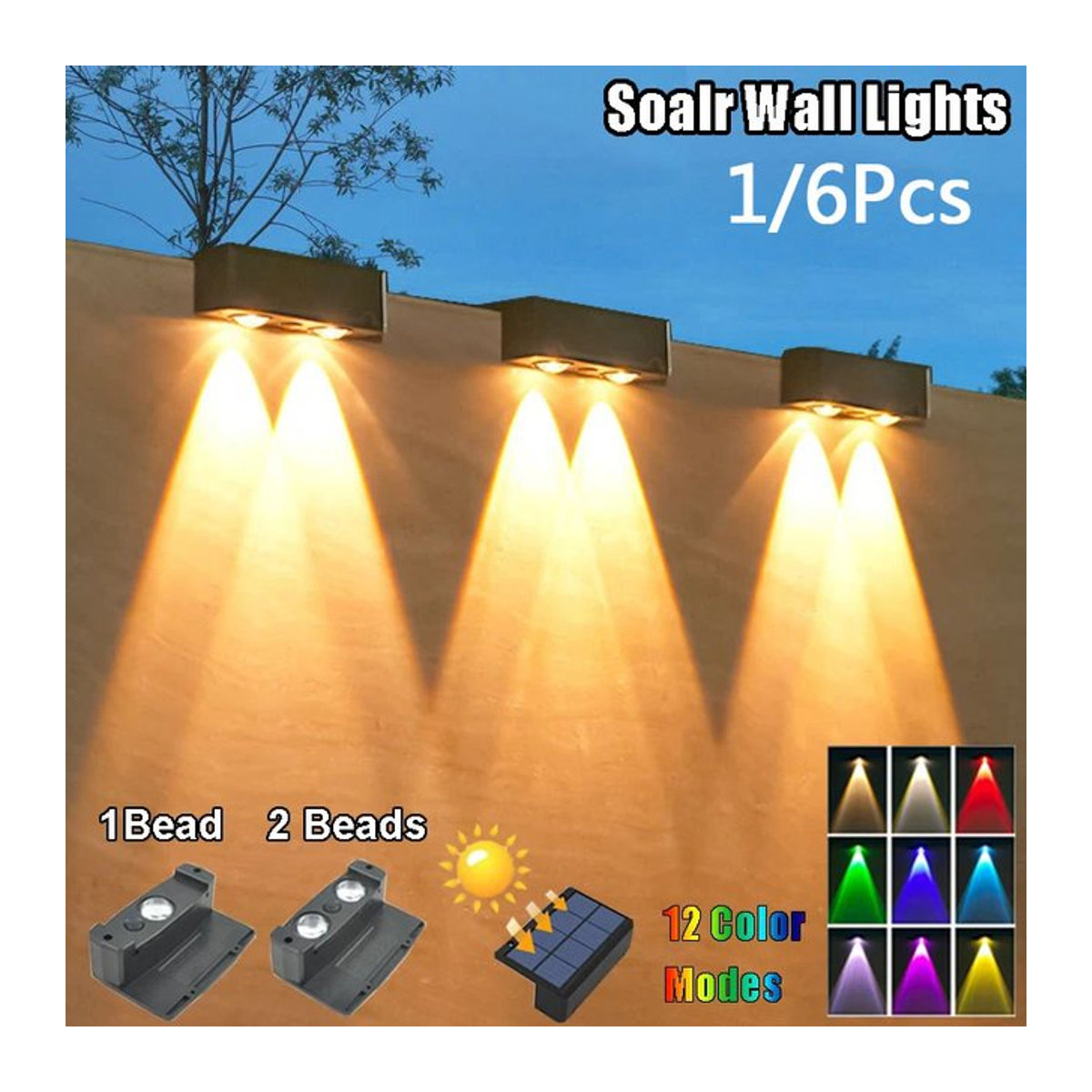 VENUSWING Solar LED Wandleuchte IP65 Wasserdicht Modern Schwarz - Bild 1