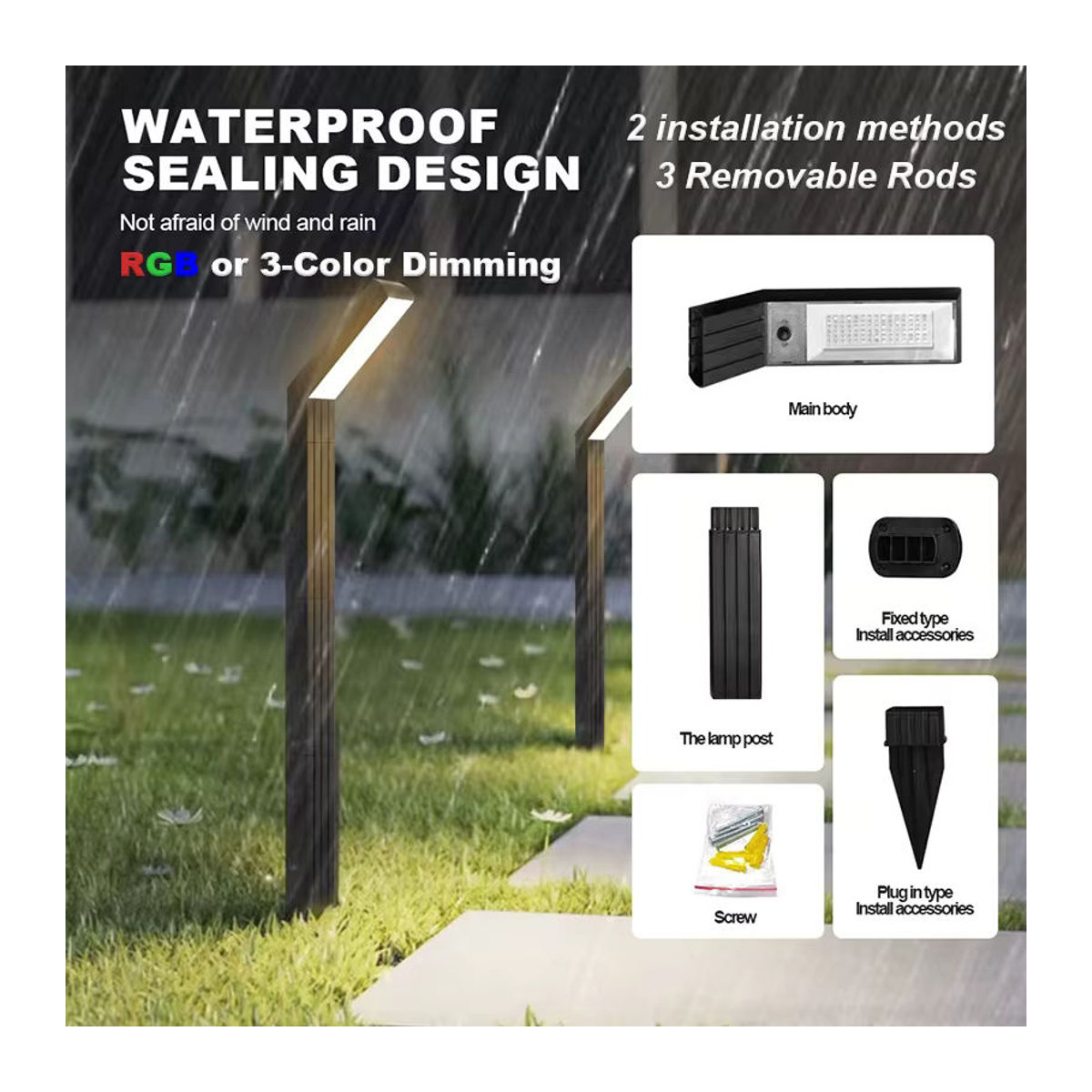 VENUSWING Solar-LED-Wegeleuchte IP65 wasserdichte Gartenlampe in Schwarz mit RGB-Farben und minimalistischem Design - Bild 2