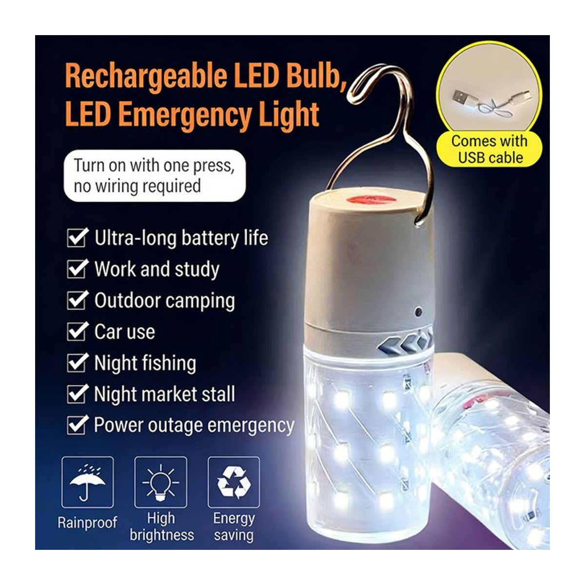 VENUSWING USB-aufladbare LED-Campinglampe mit Haken als tragbare Outdoor-Notfallbeleuchtung - Bild 1