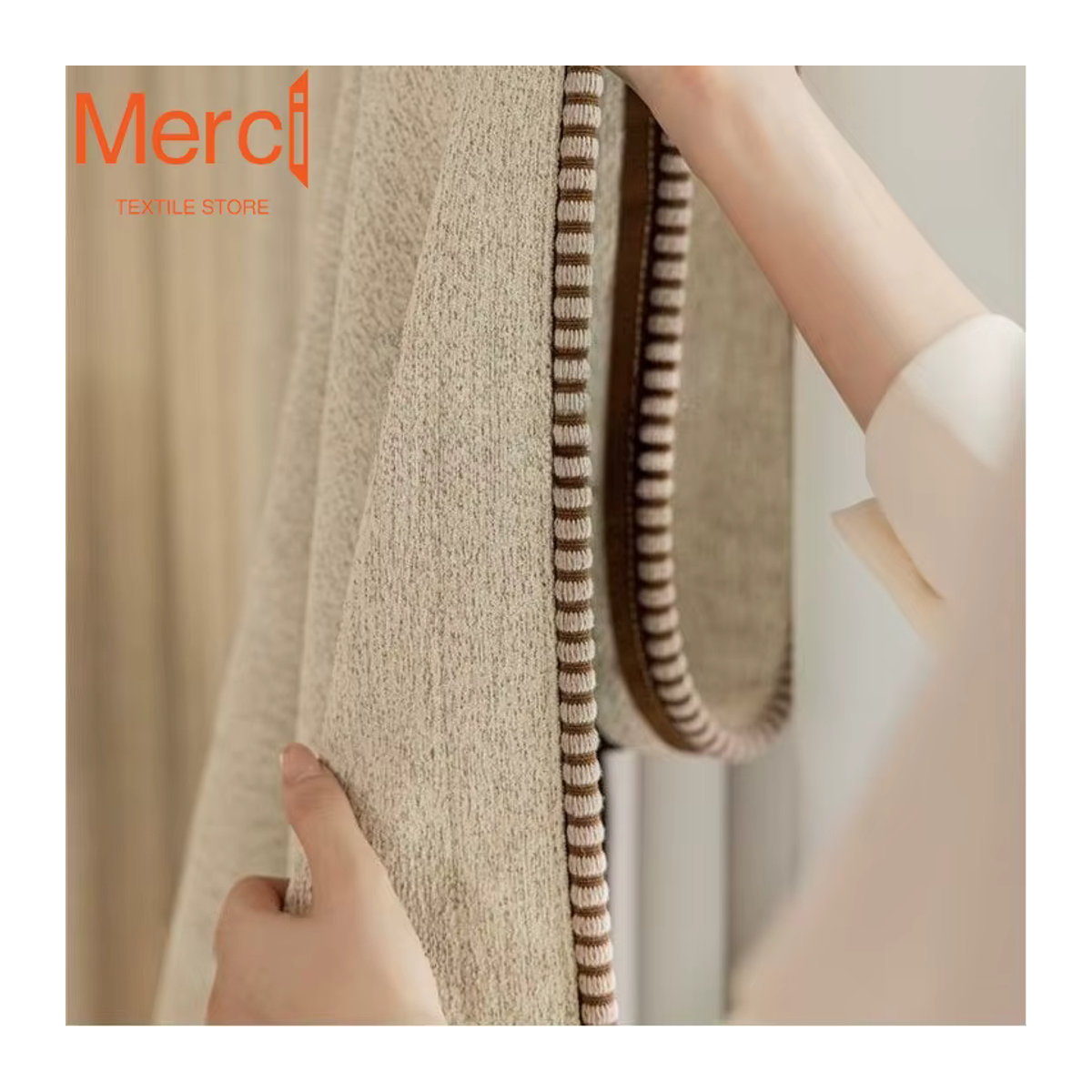 Verdunkelungsvorhänge aus Baumwolle und Leinen im Retro-Stil aus Chenille, Farbe Creme - Bild 2