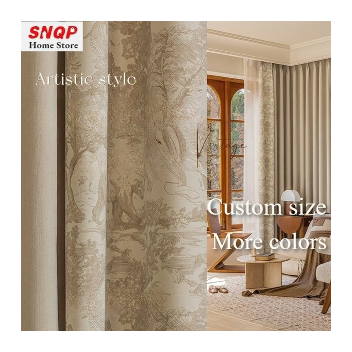 Verdunkelungsvorhänge aus europäischer Chenille im Retro-Luxus-Stil für Wohnzimmer und Schlafzimmer, Farbe: Weiß und Beige - Bild 1