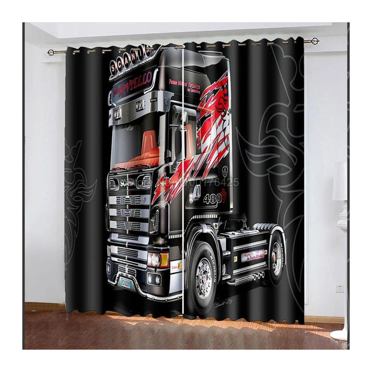 Verdunkelungsvorhänge mit 3D-LKW-Print von A Family Of Home Textiles in Schwarz, B: 120 cm, H: 270 cm, 2er-Set - Bild 2