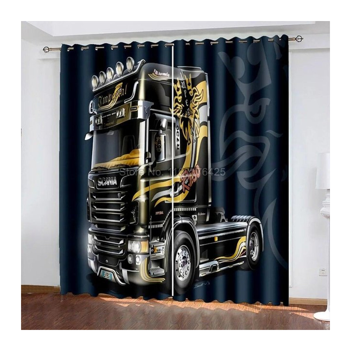 Verdunkelungsvorhänge mit 3D-LKW-Print von A Family Of Home Textiles in Schwarz, B/H: 120 x 270 cm, 2er-Set mit Ösen - Bild 1