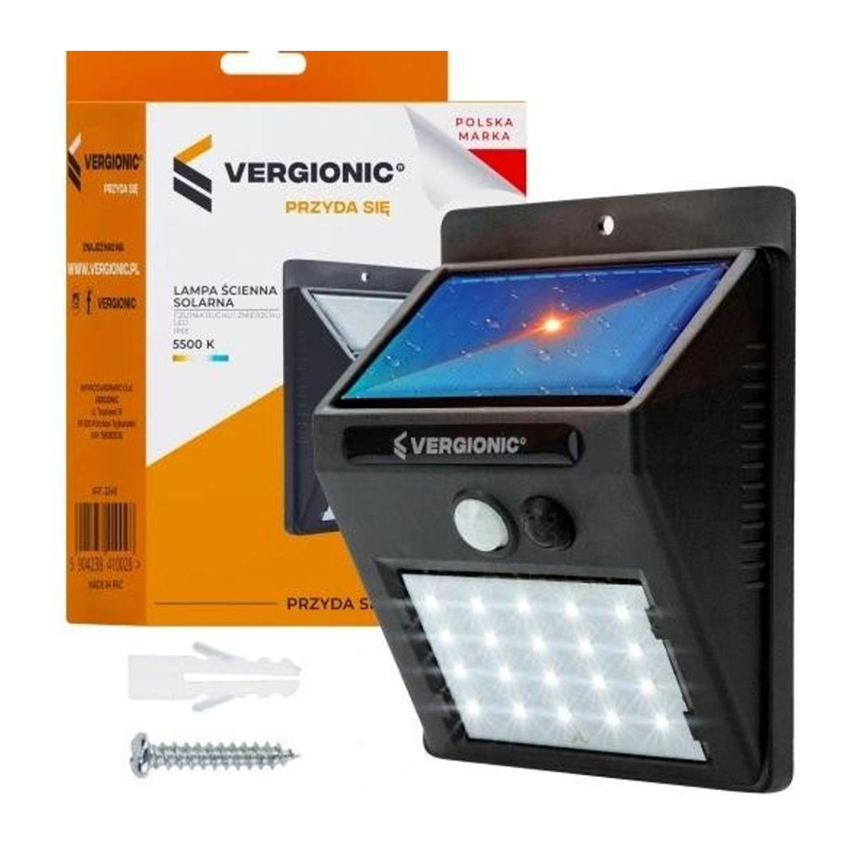 Vergionic Solar LED Wandleuchte mit Bewegungs- und Dämmerungssensor, Schwarz, IP65, Kaltweiß - Bild 1