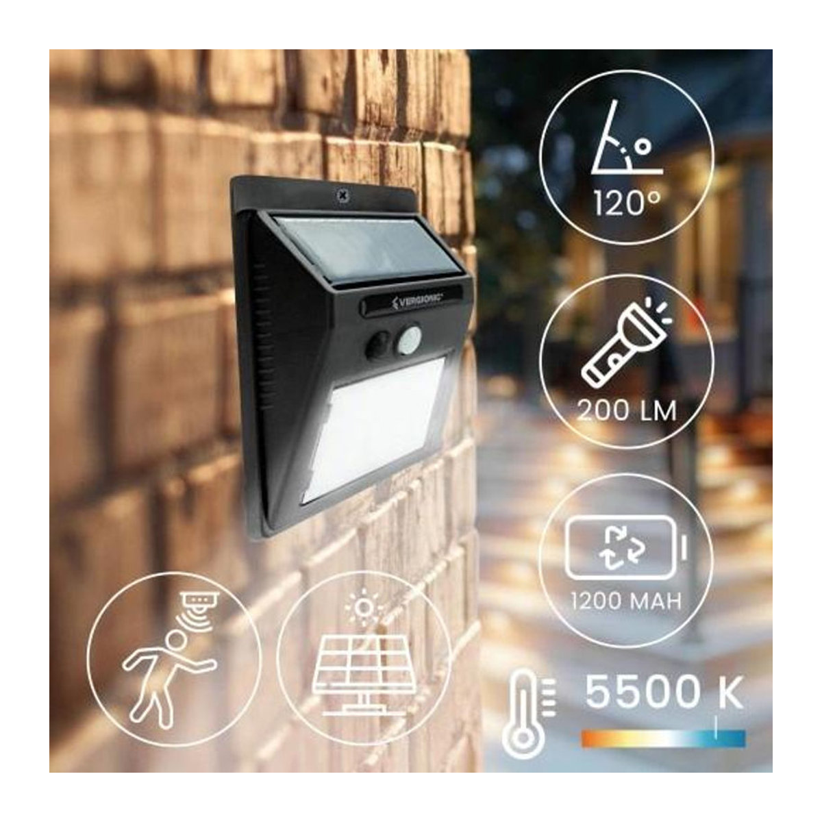 Vergionic Solar LED Wandleuchte mit Bewegungs- und Dämmerungssensor, Schwarz, IP65, Kaltweiß - Bild 6