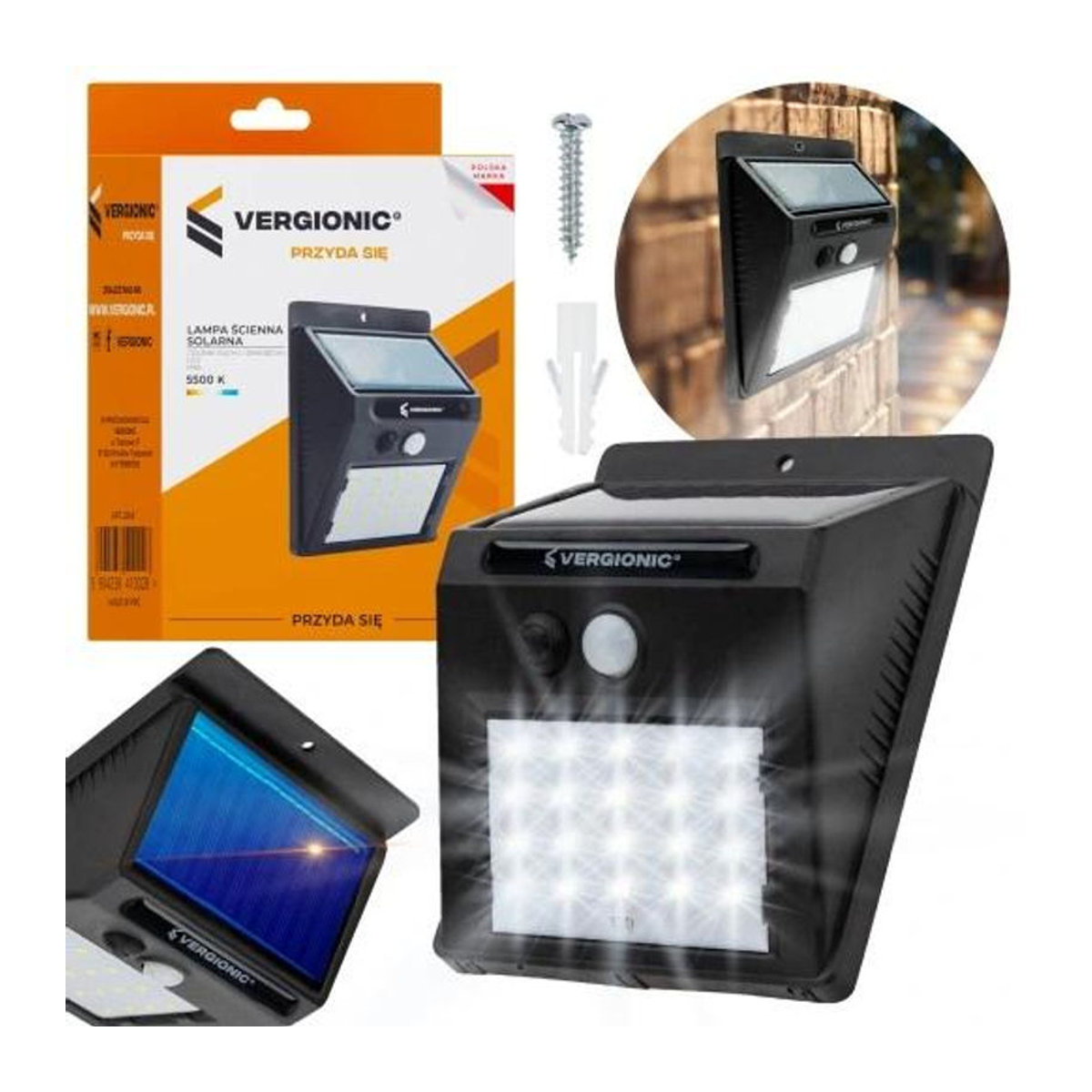 Vergionic Solar LED Wandleuchte mit Bewegungs- und Dämmerungssensor, Schwarz, IP65, Kaltweiß - Bild 7